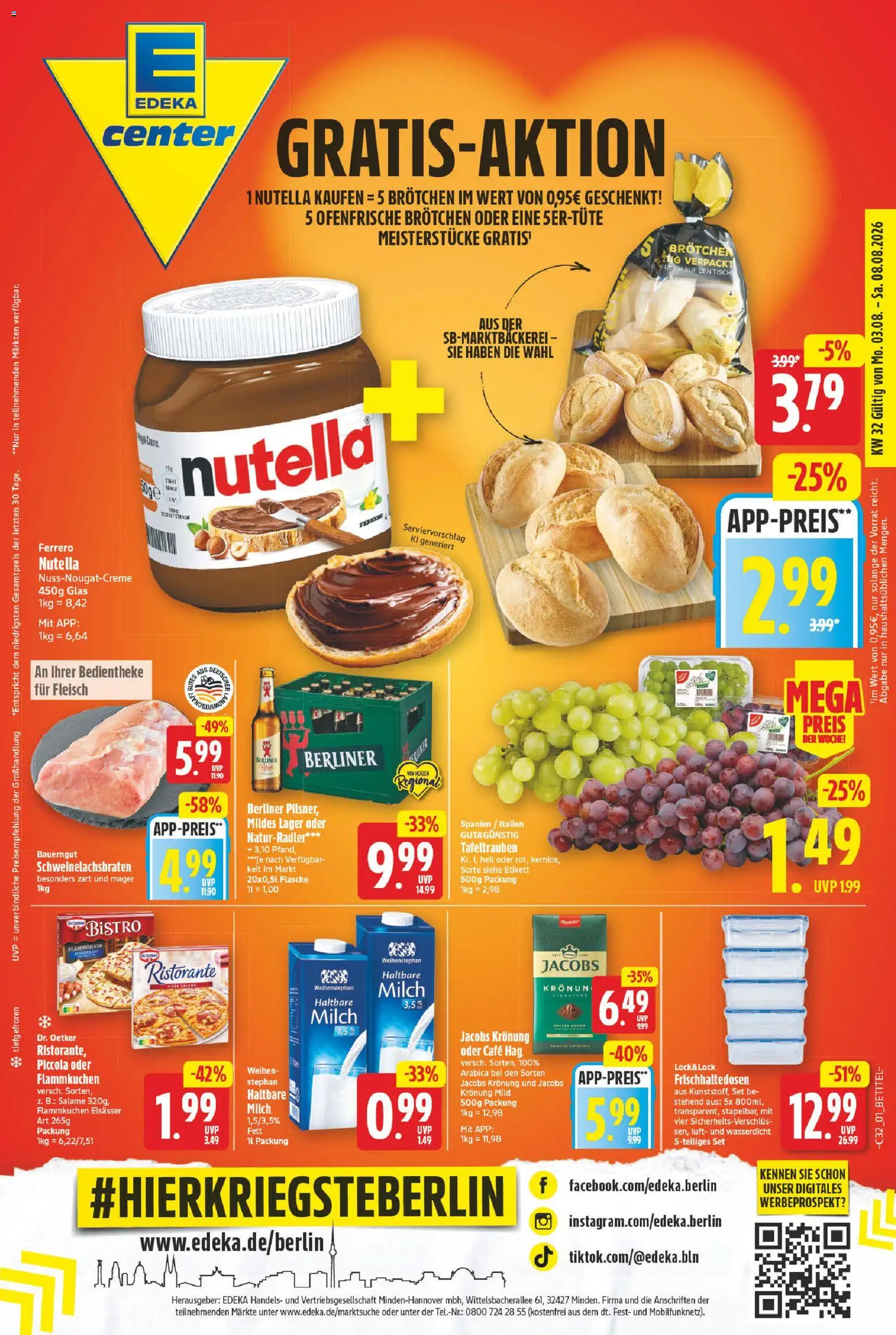 Vorschau von dem Prospekt des Geschäftes E center, gültig ab dem 03.08.2026 - Nutella, Milch, Fleisch, Berliner, Tisch, Haltbare milch, Ofenfrische, Bauerngut