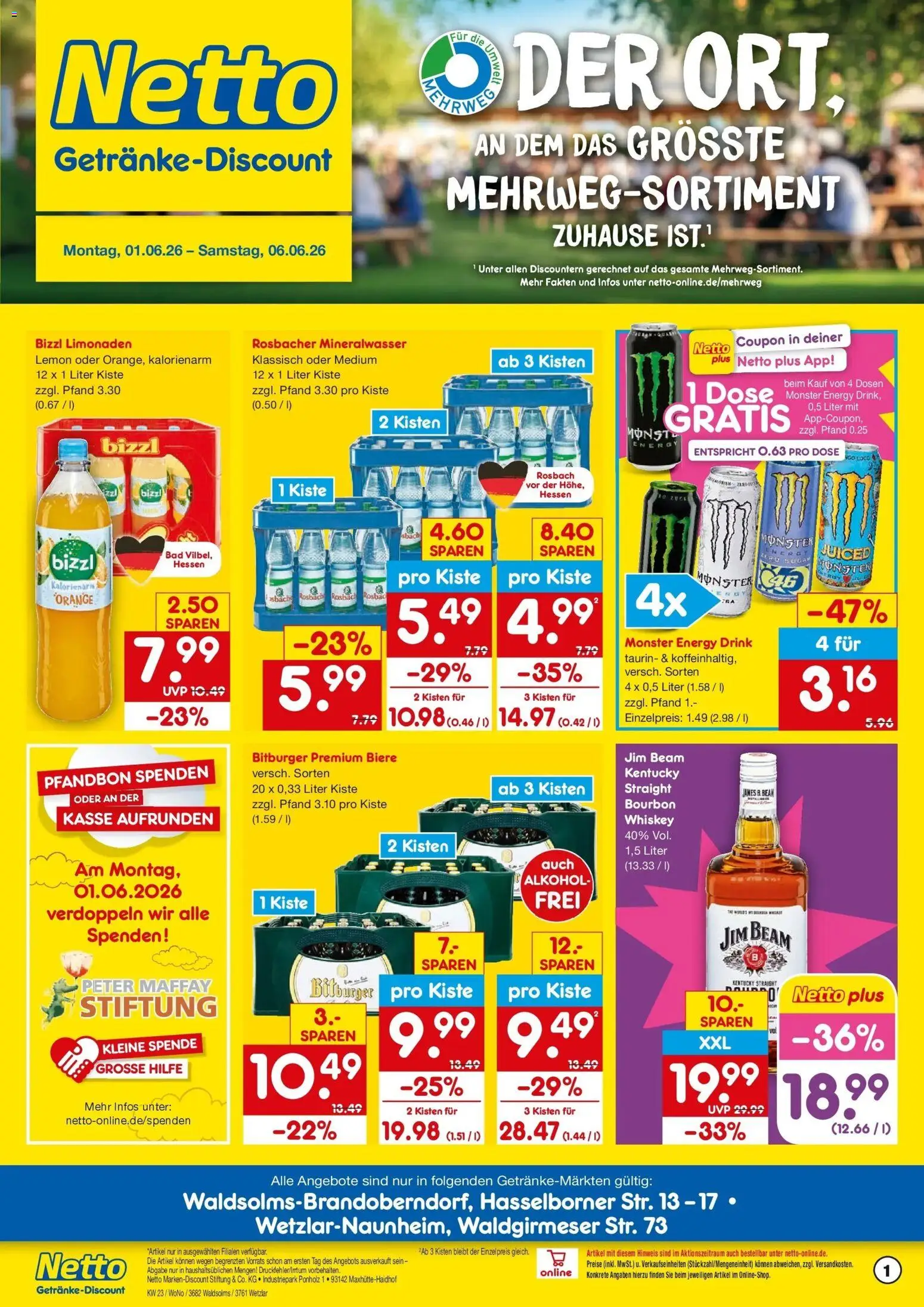 Vorschau von dem Prospekt des Geschäftes Netto Marken-Discount, gültig ab dem 01.06.2026 - Bad, Monster, Mineralwasser, Alkohol, Whiskey, Energy, Bitburger, Bourbon