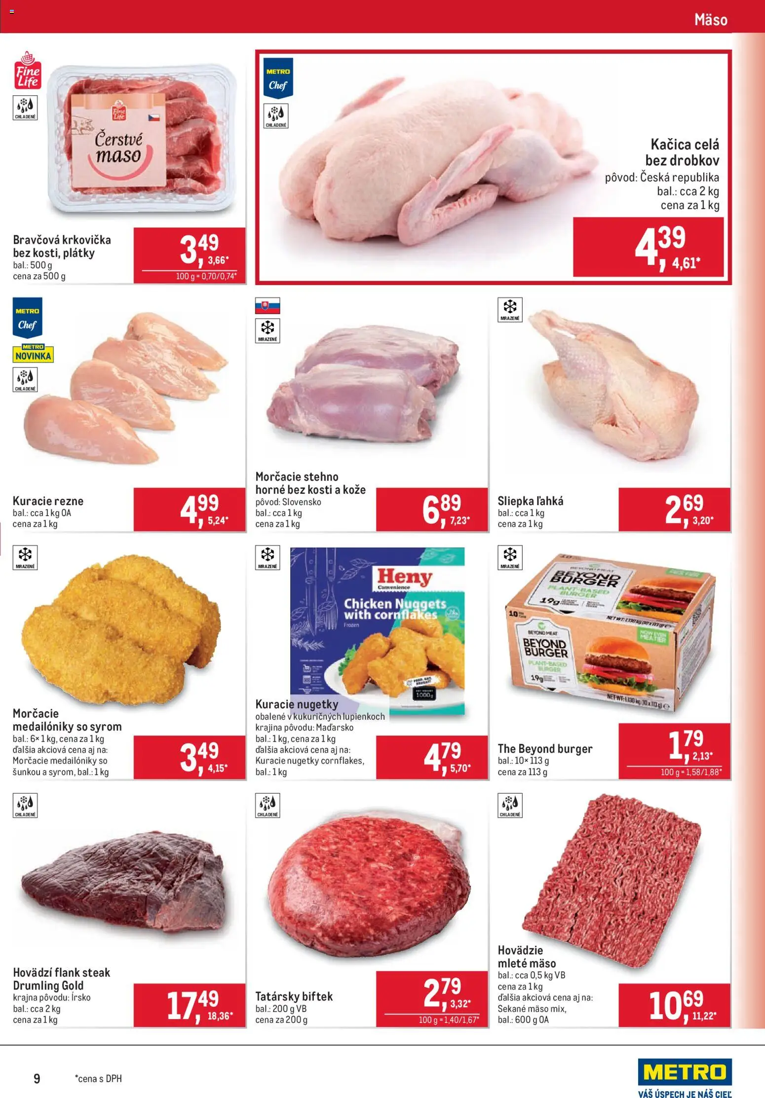 Náhľad Metro letáku platného od 09.09.2026 - Steak, Flank steak, Kuracie rezne, Kačica, Bravčová krkovička, Rezne, Cornflakes, Mleté mäso