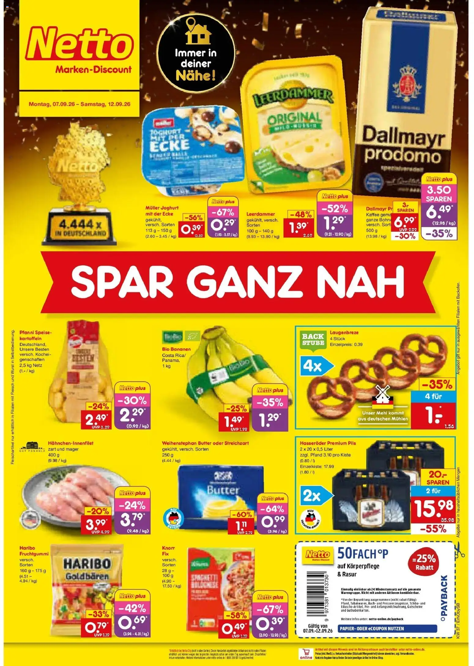 Vorschau von dem Prospekt des Geschäftes Netto Marken-Discount, gültig ab dem 07.09.2026 - Butter, Haribo, Joghurt, Bananen, Fleisch, Kartoffeln, Leerdammer, Weihenstephan butter