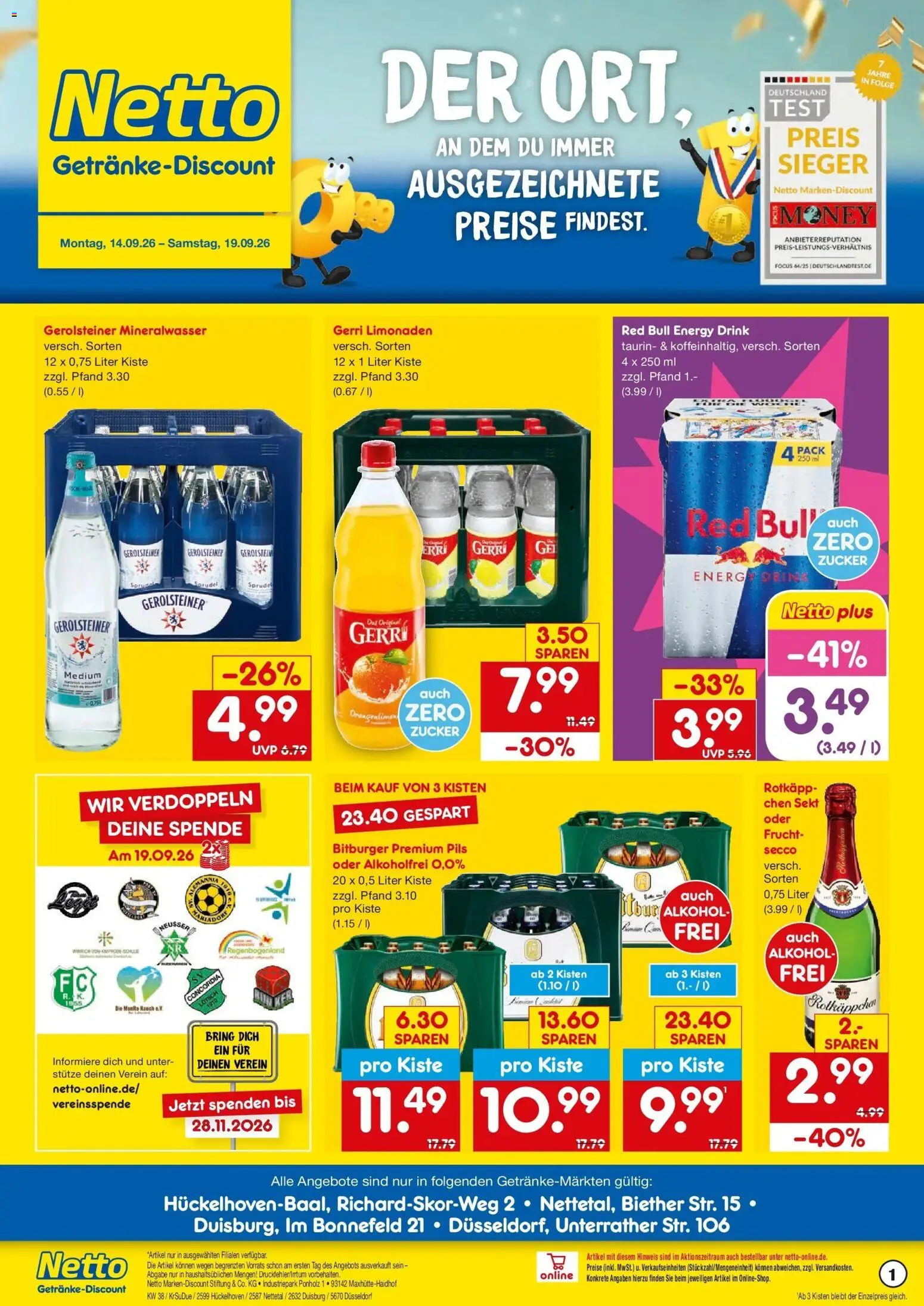 Vorschau von dem Prospekt des Geschäftes Netto Marken-Discount, gültig ab dem 14.09.2026 - Red bull, Mineralwasser, Alkohol, Rotkäppchen, Zucker, Sekt, Bitburger, Pils