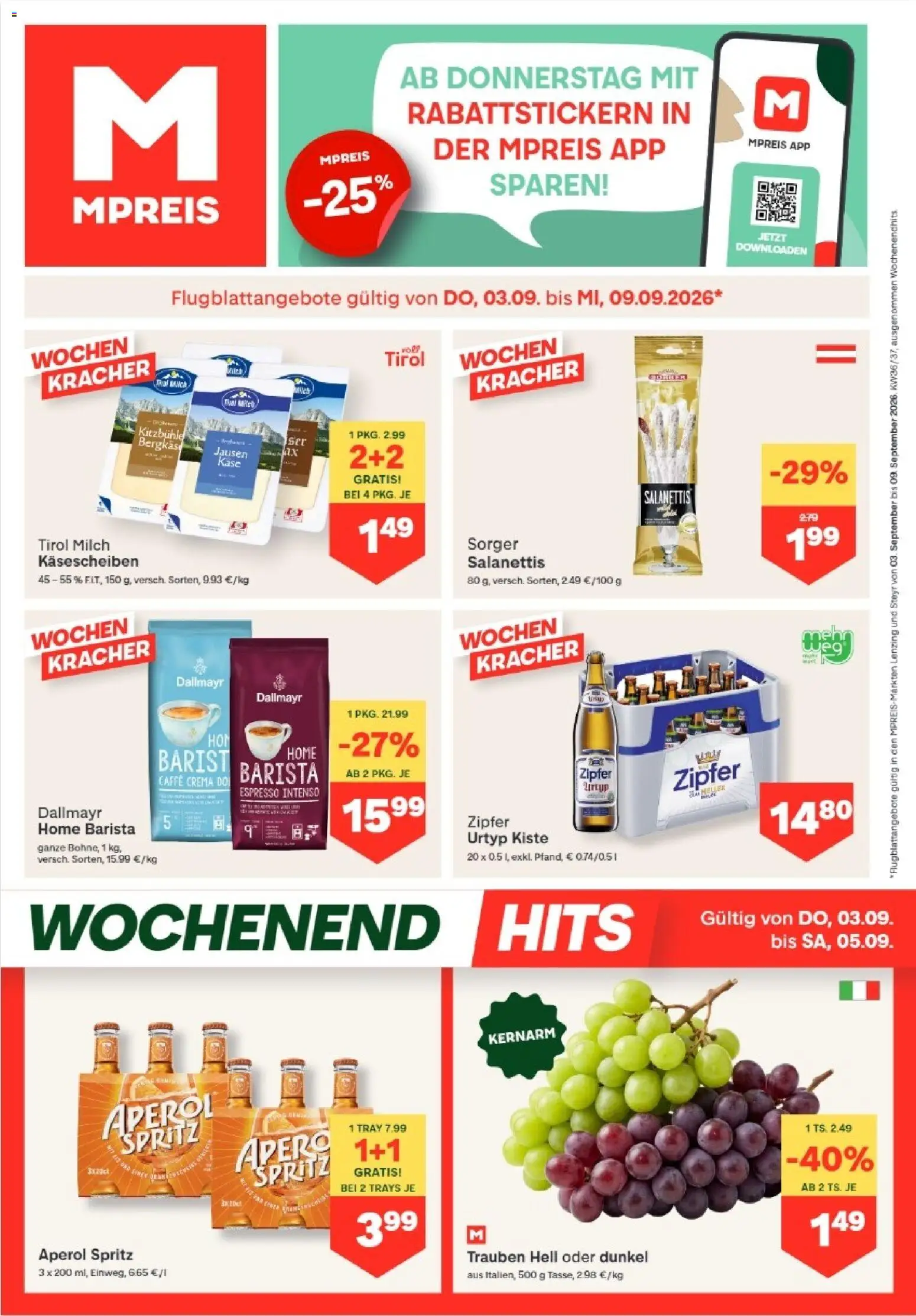 Vorschau der Angebote: MPREIS MPREIS Lenzing gültig ab 03.09.2026 - Aperol, Milch, Käse