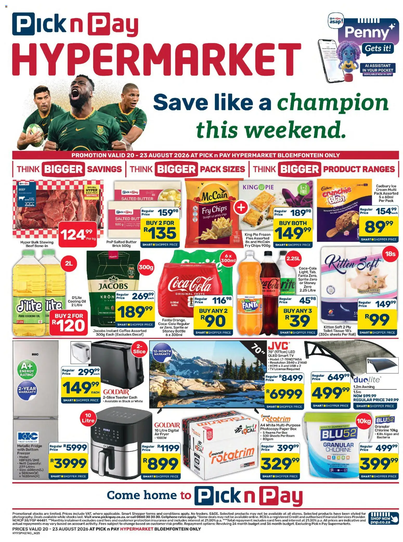 Preview of Pick n Pay flyer valid from 20/08/2026 - Fridge, TV, Toaster, Box, Sugar, USB, Fanta, Stoney