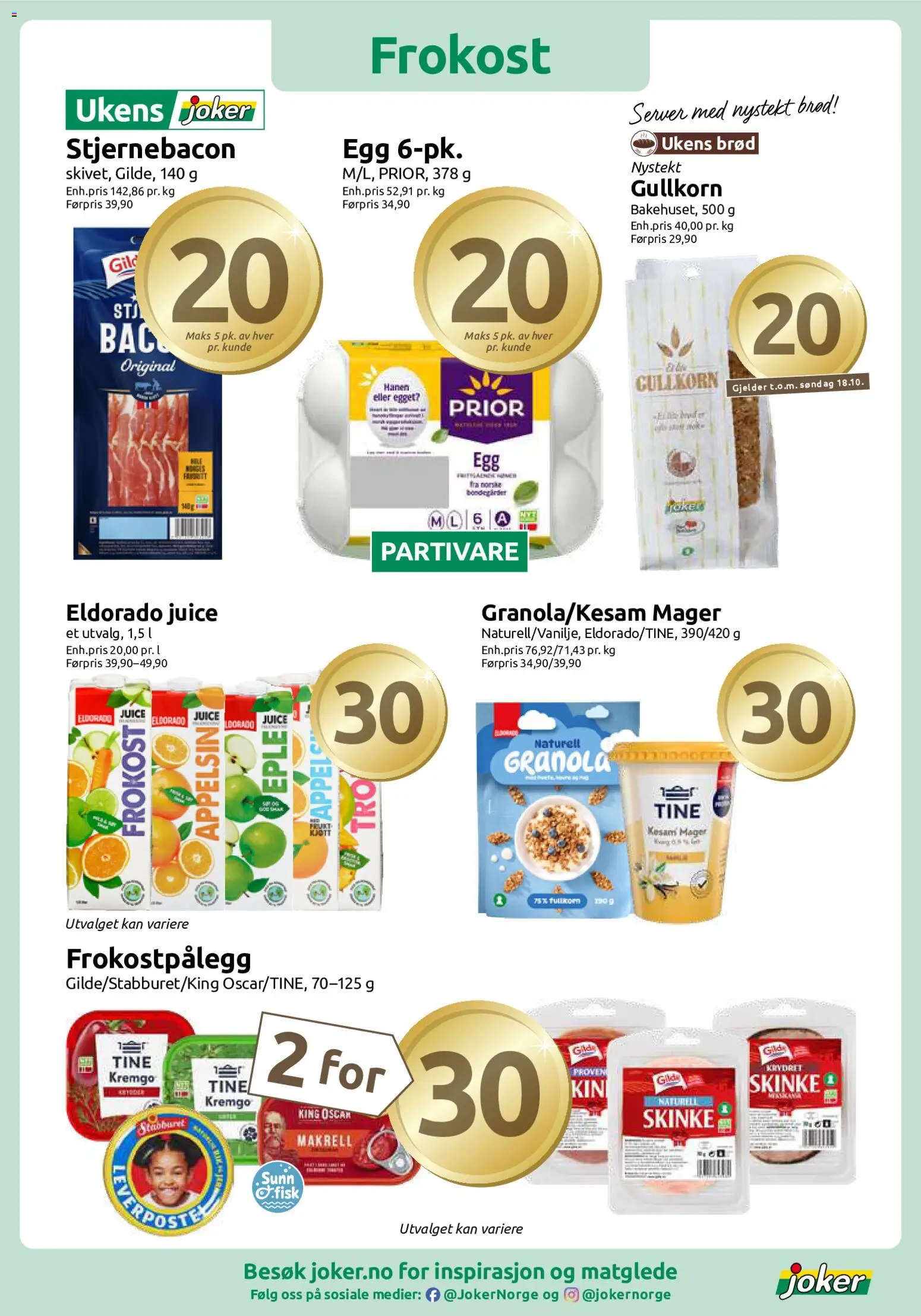 Forhåndsvis Joker kundeavis fra butikk Joker gyldig fra 12/10/2026 - Stjernebacon, Egg, Brød, Skinke, Juice, Fisk, Granola, Makrell