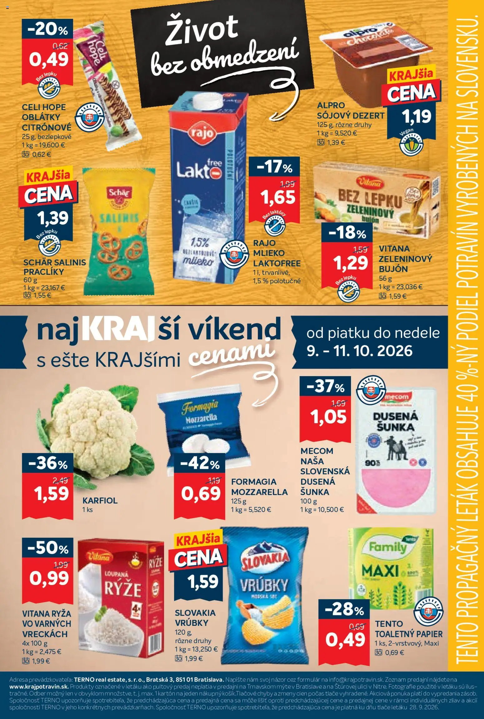 Náhľad Kraj letáku platného od 08.10.2026 - Mlieko, Mozzarella, Karfiol, Toaletný papier, Dezert, Ryža, Oblátky, Bujón