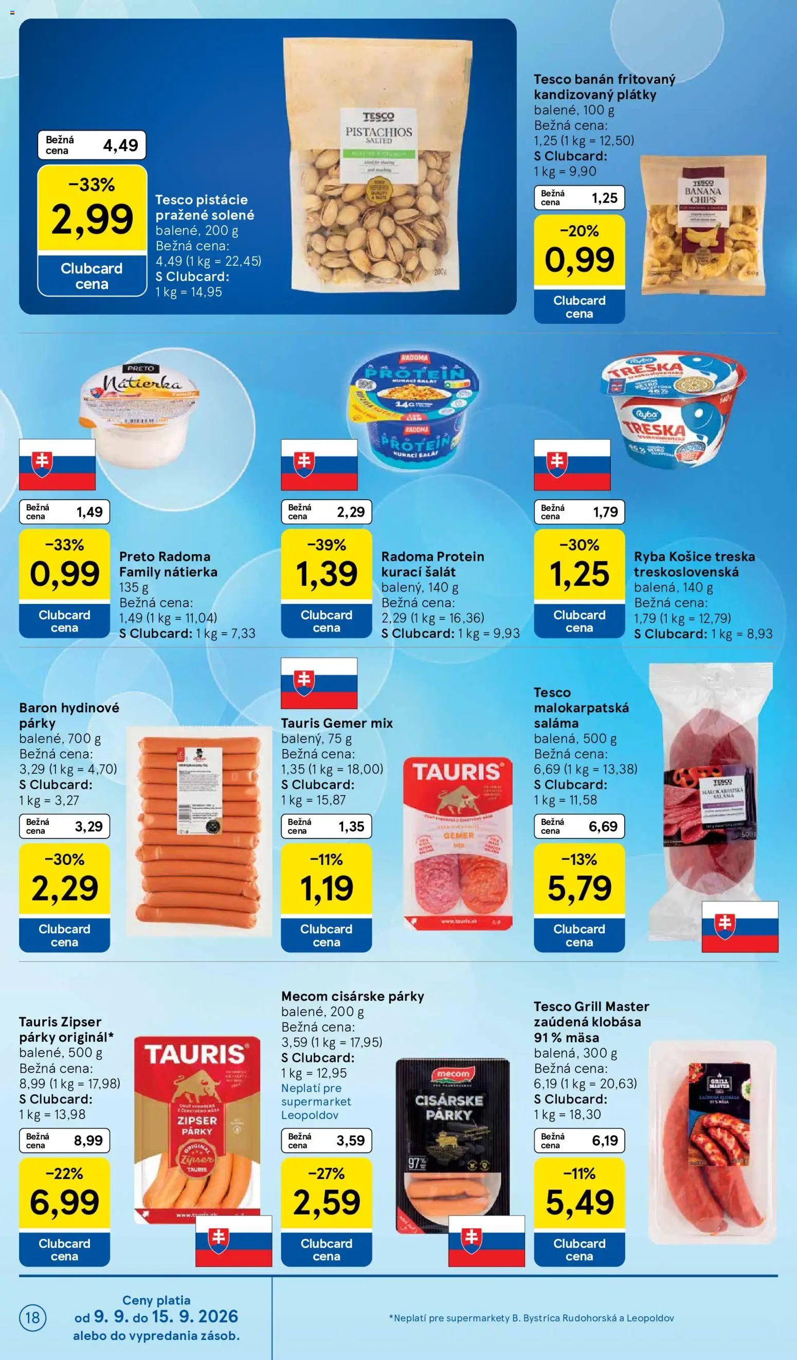 Náhľad Tesco letáku platného od 09.09.2026 - Protein, Ryba, Šalát, Klobása, Párky, Nátierka, Pistácie, Saláma