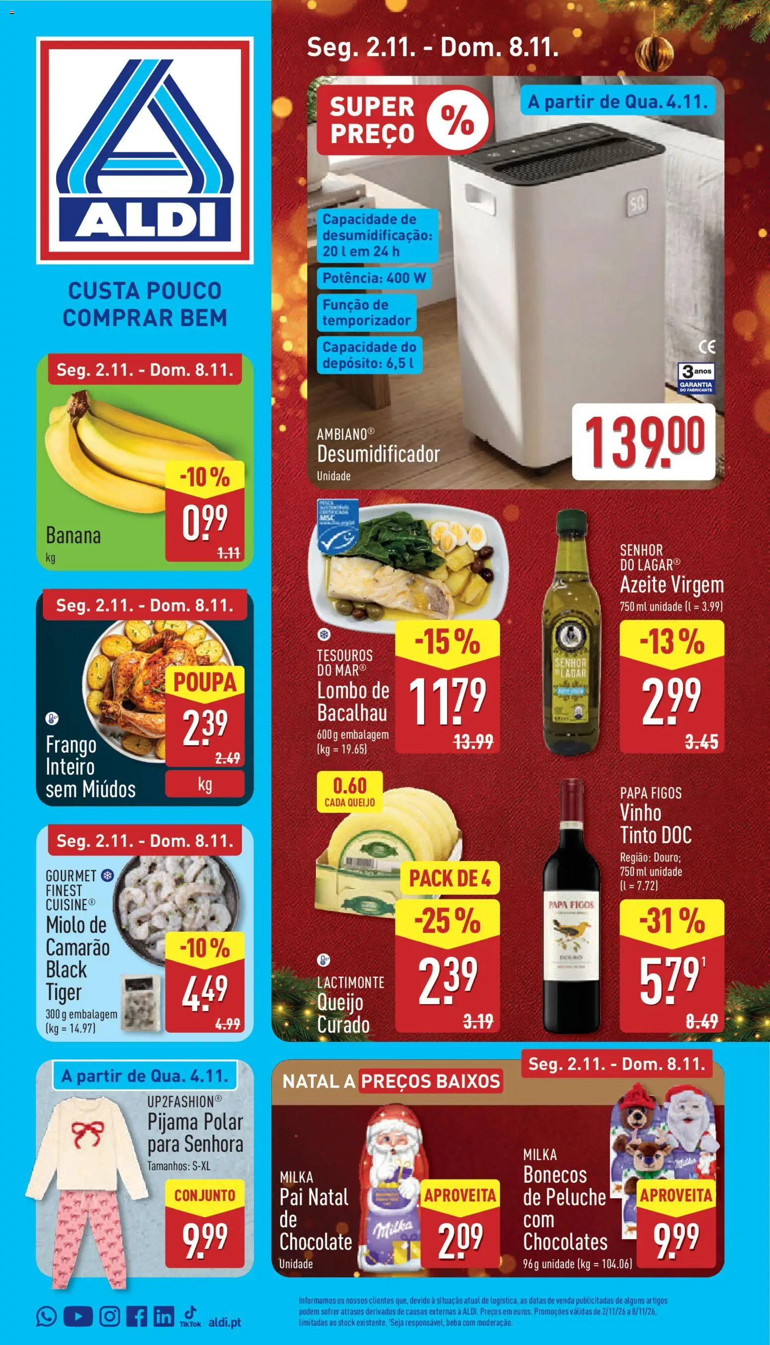 Pré-visualização do folheto da loja Aldi válida a partir de 02/11/2026 - Papa, Azeite, Chocolate, Desumidificador, Frango, Camarão, Pijama, Frango inteiro