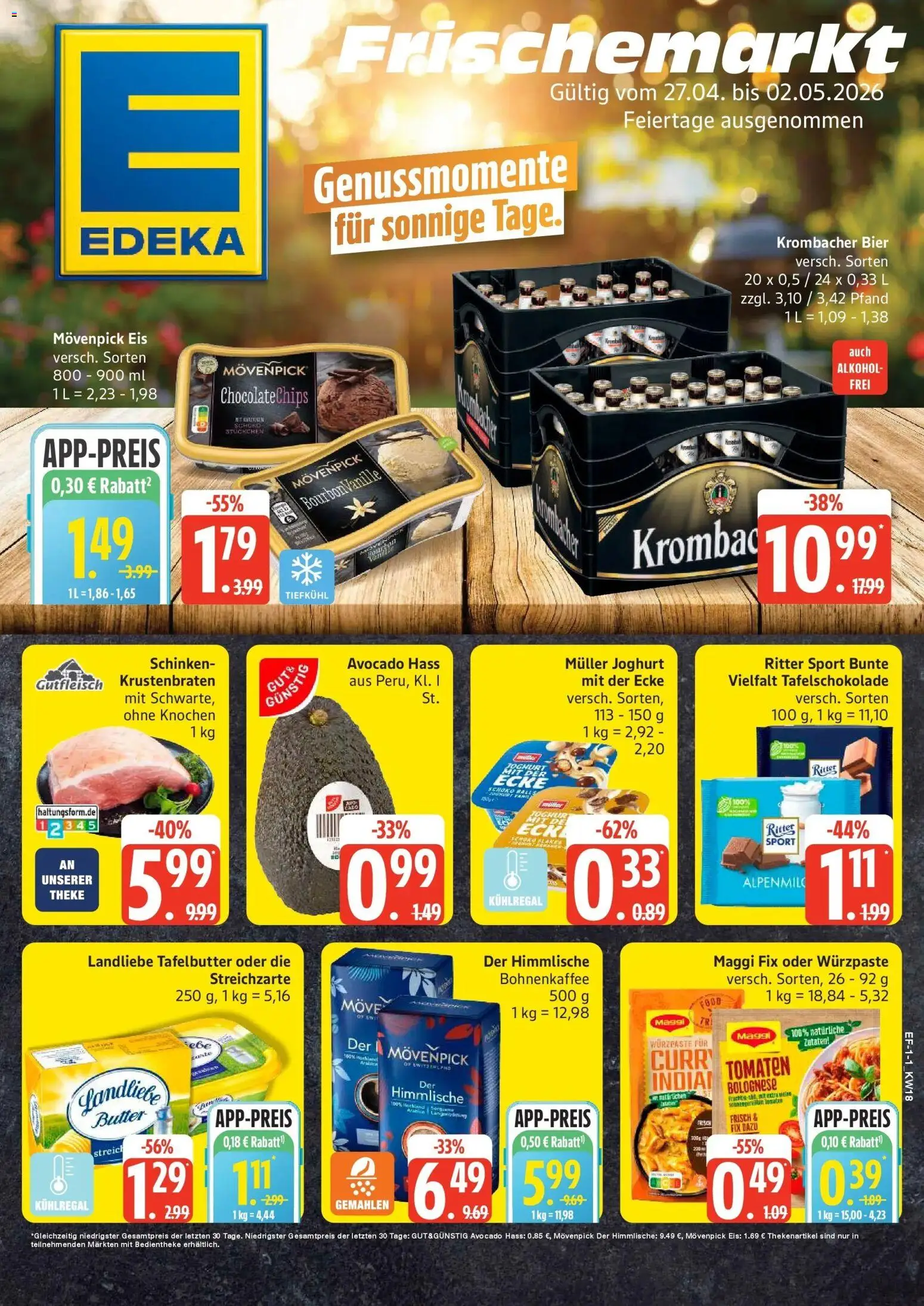 Vorschau von dem Prospekt des Geschäftes Edeka, gültig ab dem 27.04.2026 - Bier, Alkohol, Ritter sport, Krombacher, Krustenbraten, Theke, Maggi fix, Movenpick eis