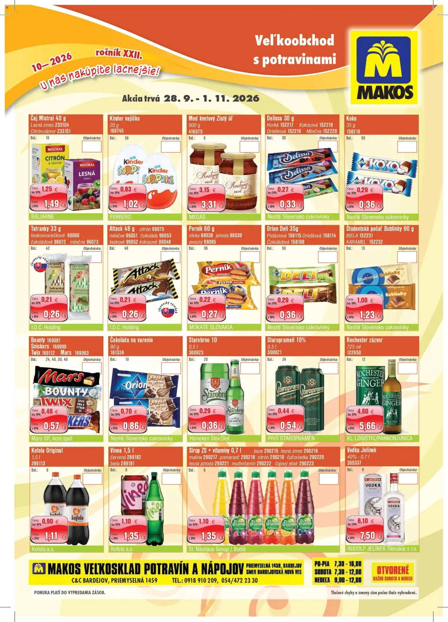 Náhľad Makos letáku platného od 28.09.2026 - Med, Pivo, Čokoláda, Cukrovinky, Čokoláda na varenie, Staropramen, Študentská pečať, Zázvor