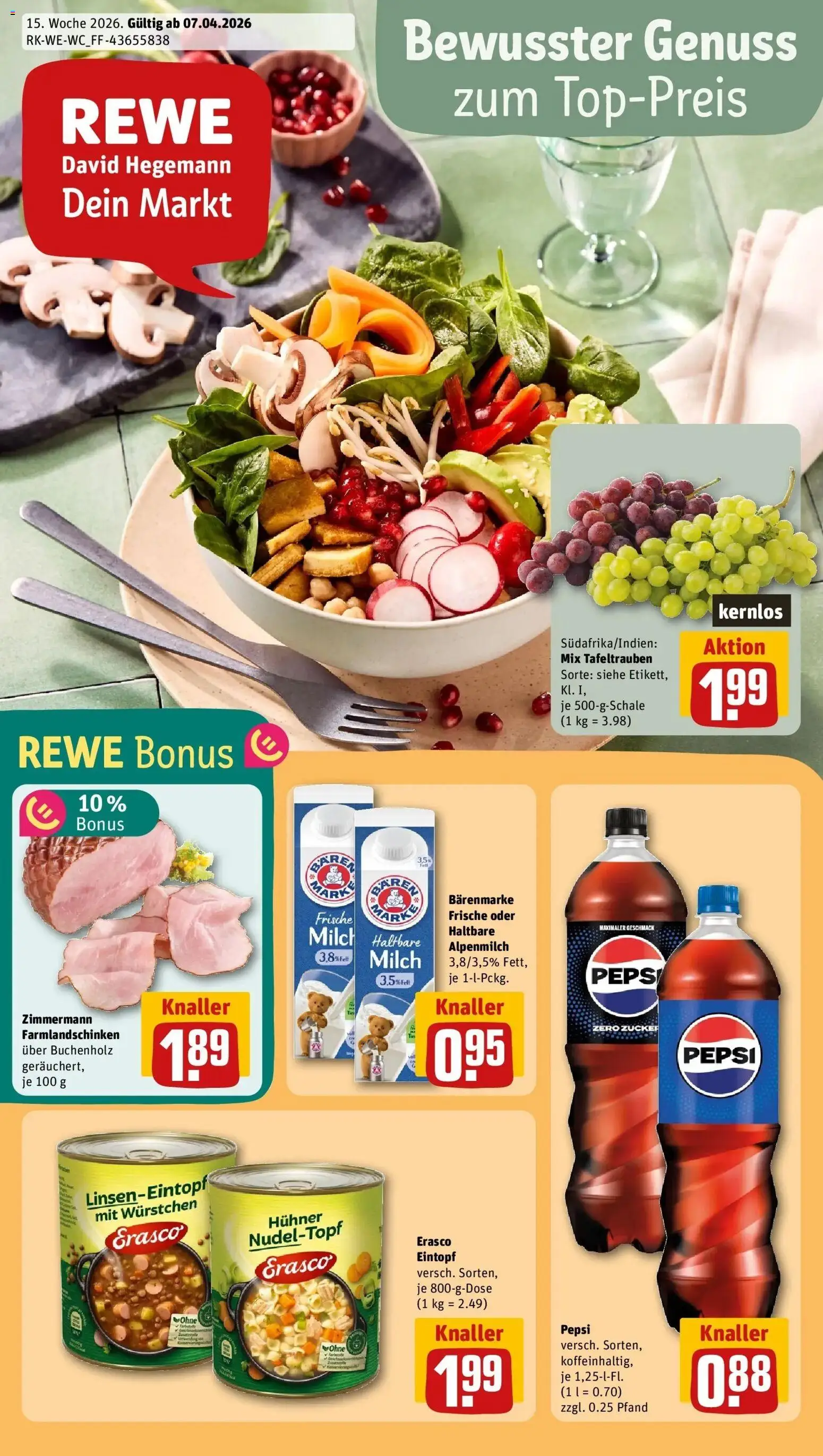 Vorschau von dem Prospekt des Geschäftes Rewe, gültig ab dem 05.04.2026 - Cola, Milch, Zucker, Pepsi, Erasco