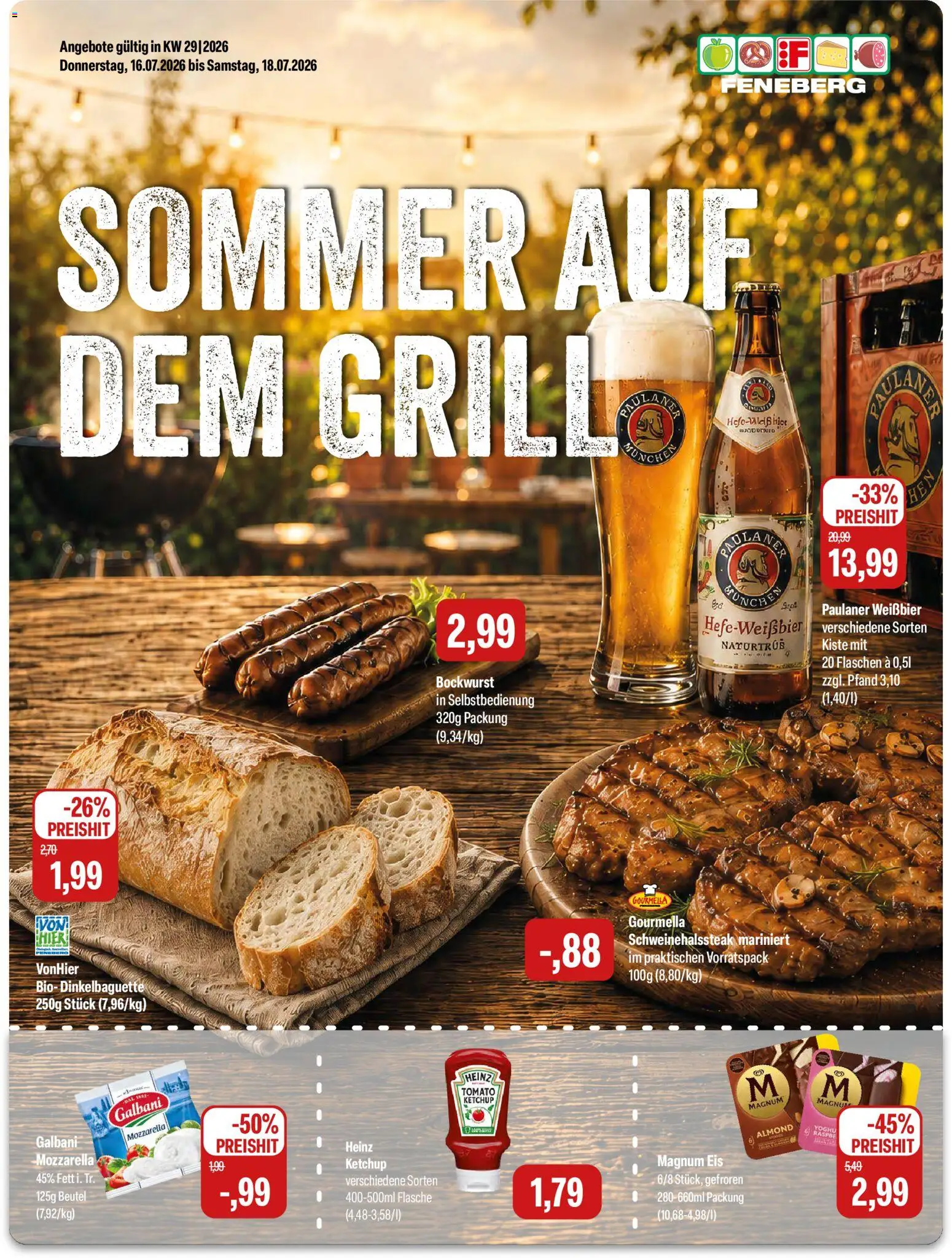 Vorschau von dem Prospekt des Geschäftes Feneberg, gültig ab dem 16.07.2026 - Eis, Mozzarella, Paulaner, Ketchup, Bockwurst, Weißbier