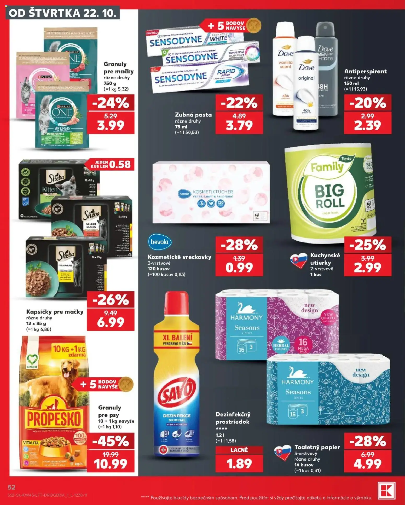 Náhľad Kaufland letáku platného od 22.10.2026 - Voda, Toaletný papier, Savo, Antiperspirant, Kapsičky pre mačky, Zubná pasta, Vreckovky, Utierky
