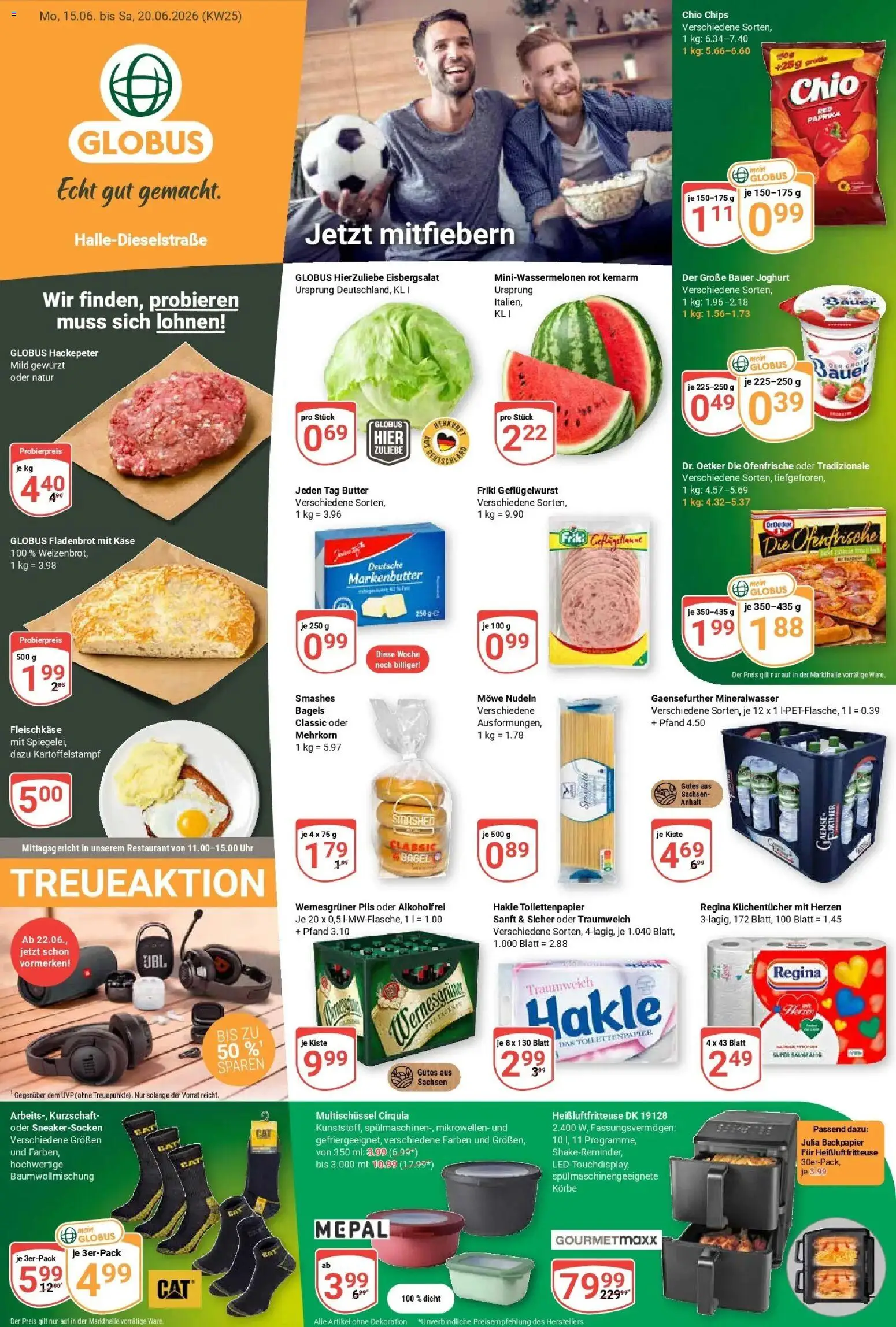 Vorschau von dem Prospekt des Geschäftes Globus, gültig ab dem 15.06.2026 - Heißluftfritteuse, Uhr, Käse, Mineralwasser, Toilettenpapier, Eisbergsalat, Wernesgruner, Ofenfrische
