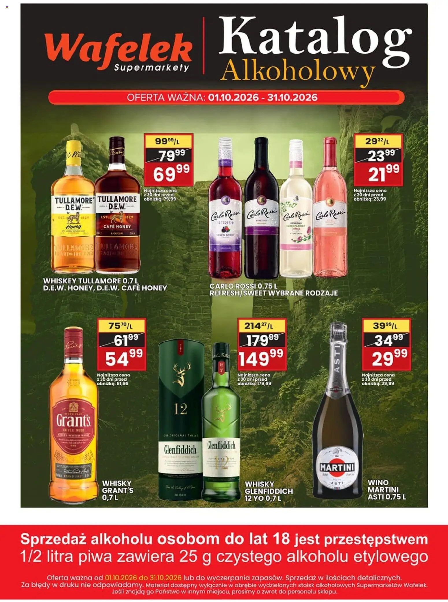 Pogląd gazetki "Wafelek gazetka alkoholowa" ze sklepu Wafelek ważnej od 01.10.2026 - Whisky, Wino, Martini, Carlo Rossi, Grant's, Wafelek