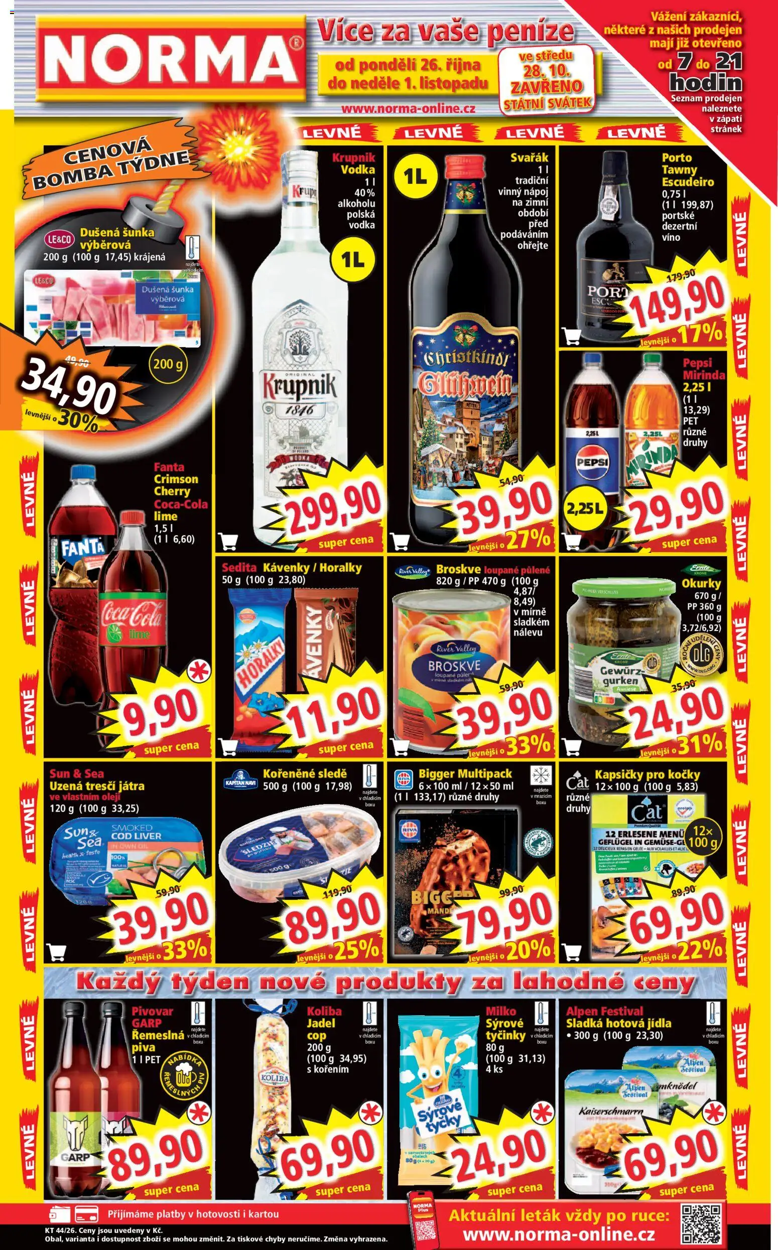 Náhled nabídky: Norma Norma leták platný od 26.10.2026 - Coca cola, Játra, Pepsi, Svařák, Horalky, Mirinda, Broskve, Kapsičky