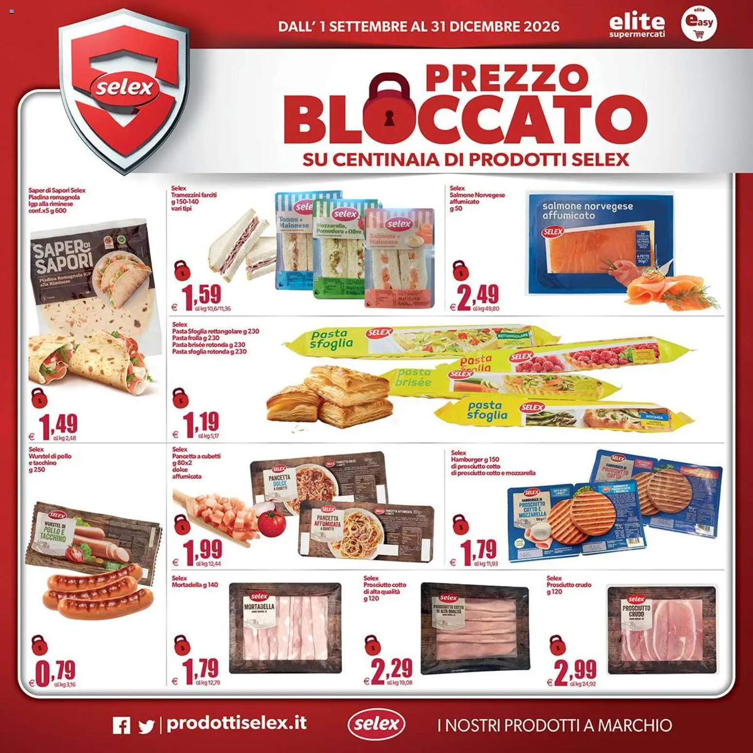 Anteprima dell'opuscolo Elite Supermercati volantino Spesa Difesa Selex dal negozio Elite Supermercati valido da 01/09/2026 - Hamburger, Piadina, Pasta sfoglia, Wurstel, Mozzarella, Tonno, Prosciutto Crudo, Pasta brisée