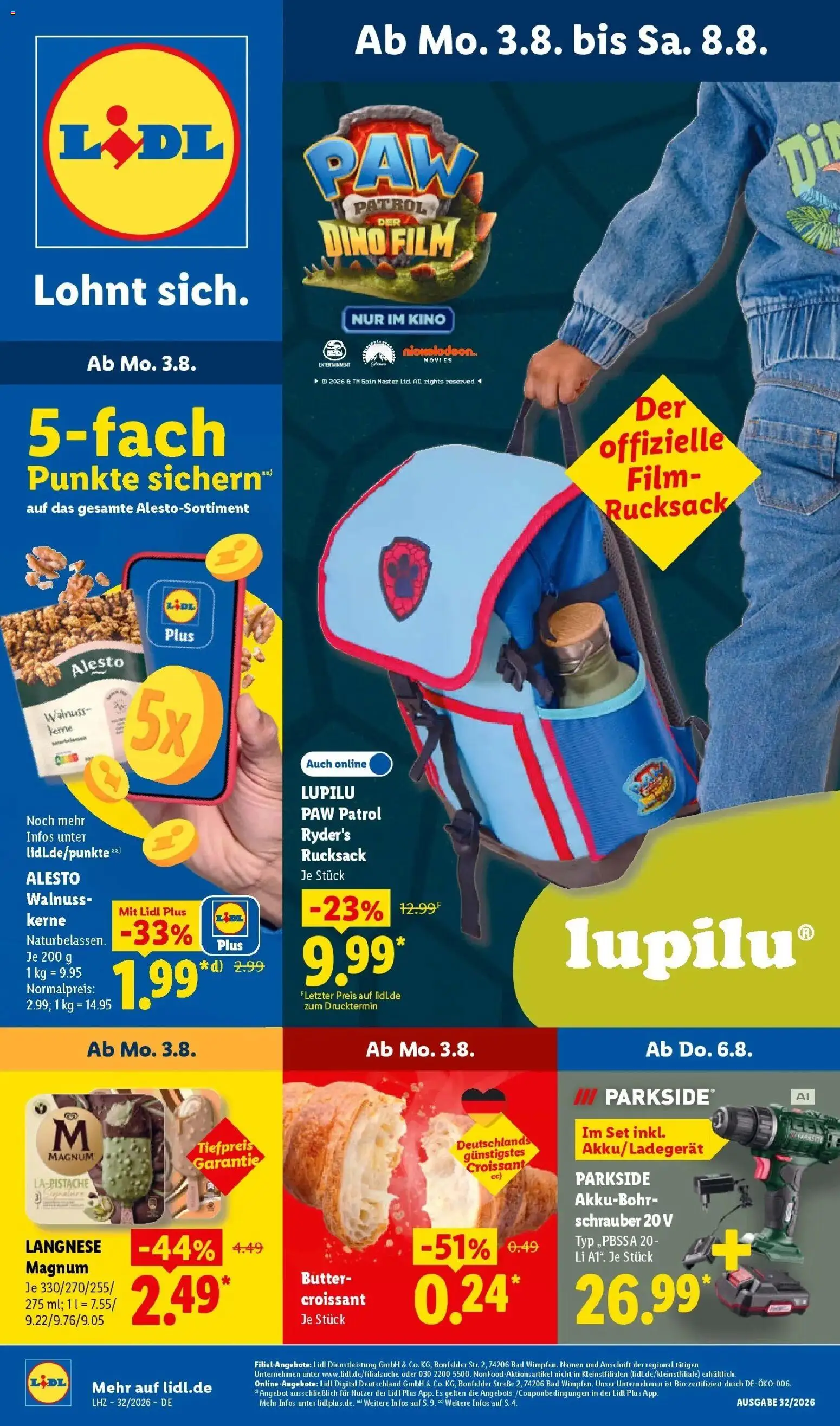 Vorschau von dem Prospekt des Geschäftes Lidl, gültig ab dem 03.08.2026 - Butter, Rucksack, Bad, Croissant, Ladegerät, Langnese