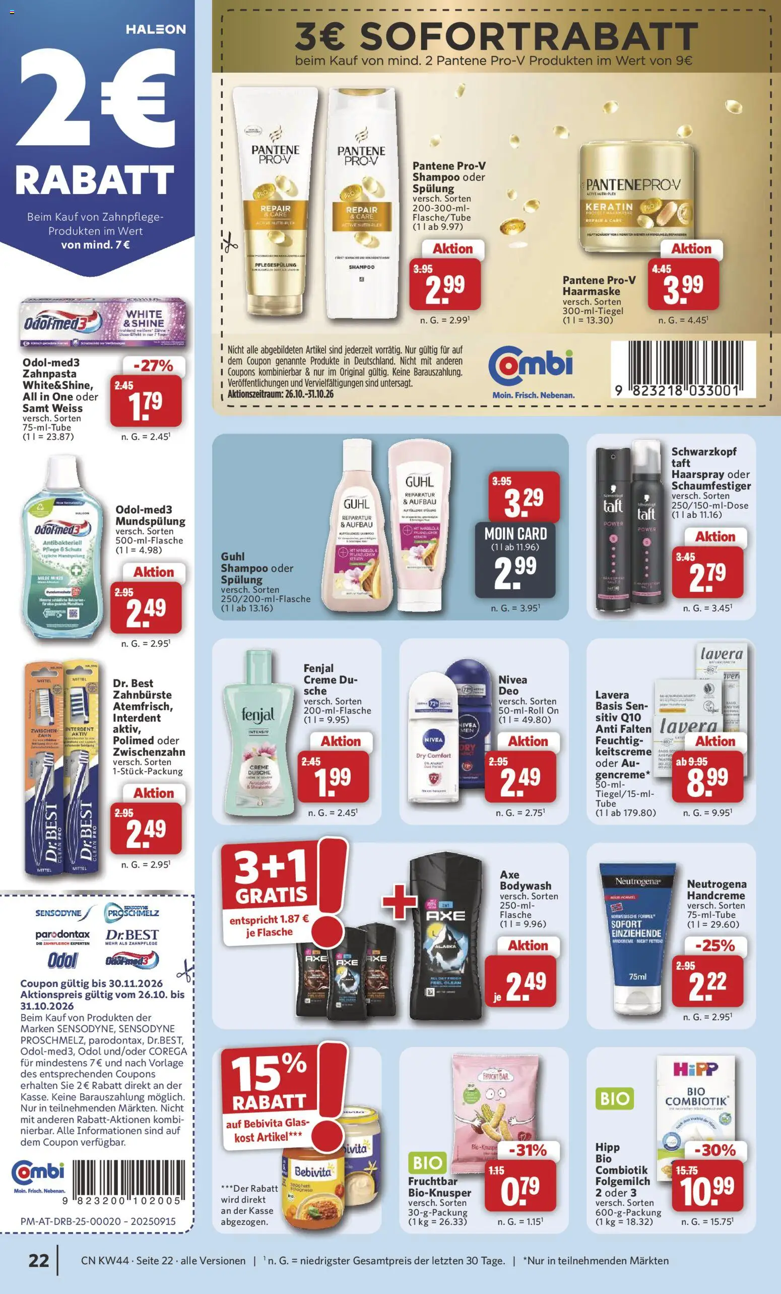 Vorschau von dem Prospekt des Geschäftes Combi, gültig ab dem 26.10.2026 - Dusche, Zahnpasta, Zahnbürste, Creme, Handcreme, Haarmaske, Haarspray, Spülung