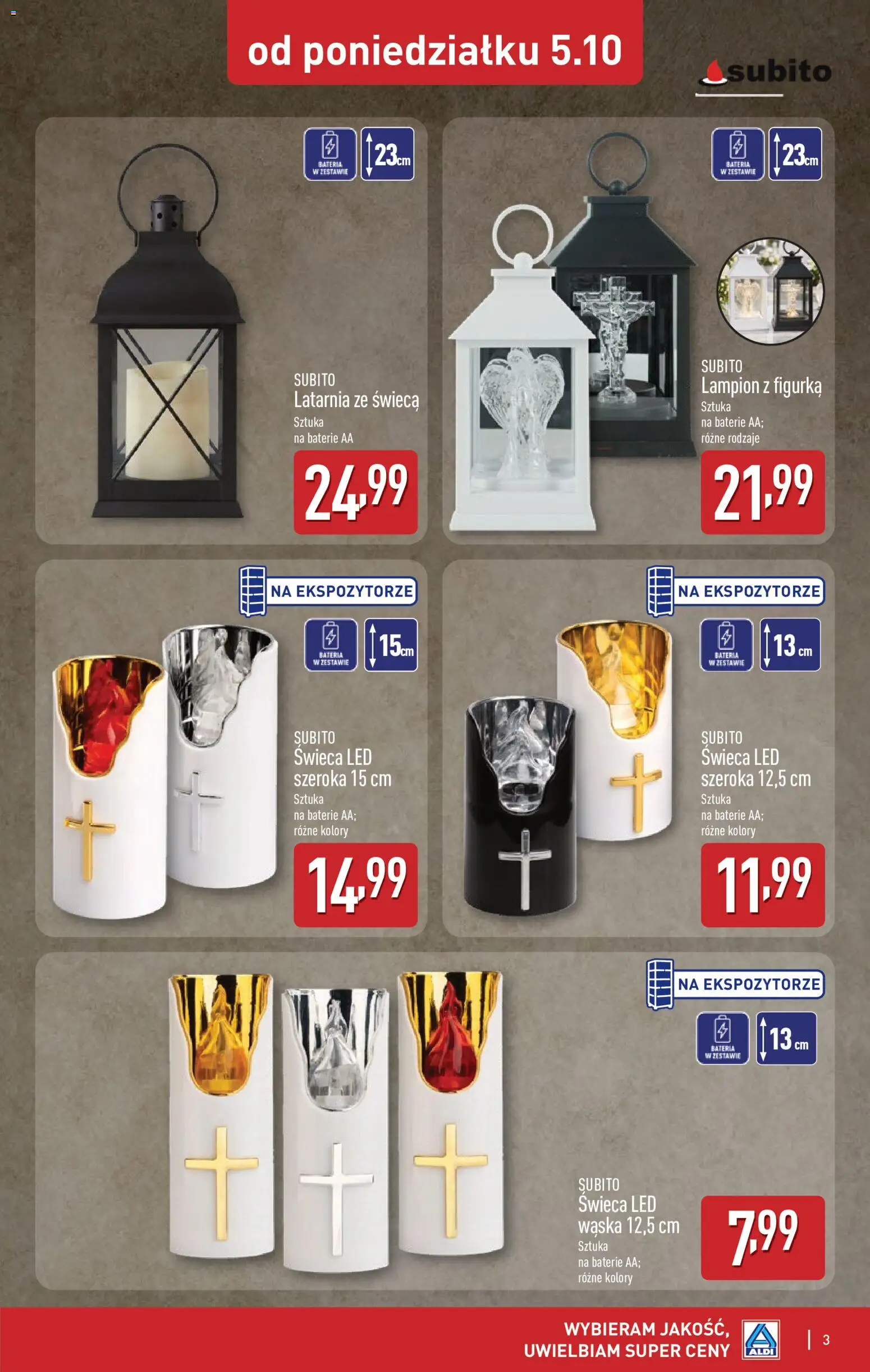 Pogląd gazetki "Aldi gazetka - Znicze i stroiki" ze sklepu Aldi ważnej od 05.10.2026 - Świeca, Bateria, Baterie AA, Lampion, Baterie