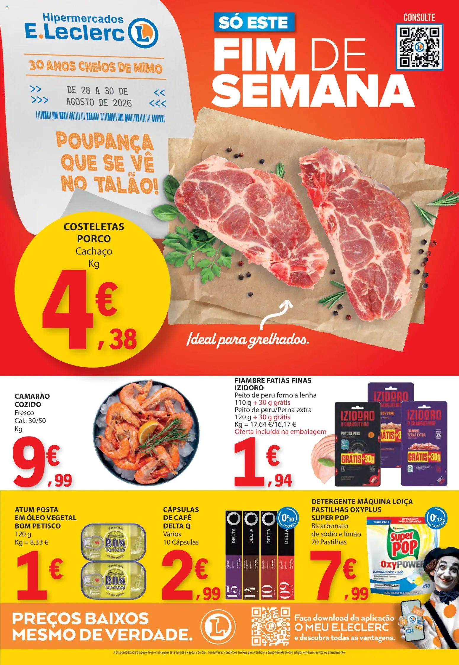 Pré-visualização do folheto da loja E.Leclerc válida a partir de 28/08/2026 - Café, Peixe, Atum, Detergente, Óleo, Cápsulas, Óleo vegetal, Faca