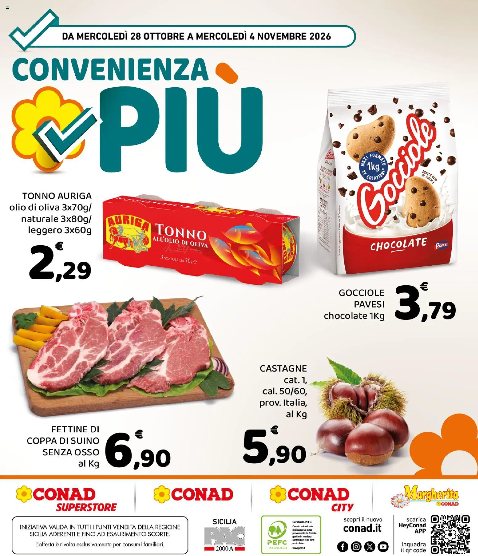 Anteprima dell'opuscolo Conad volantino Convenienza Più Sicilia dal negozio Conad valido da 28/10/2026 - Olio di Oliva, Cioccolato, Olio, Tonno, Suino, Tonno in scatola, Scatola