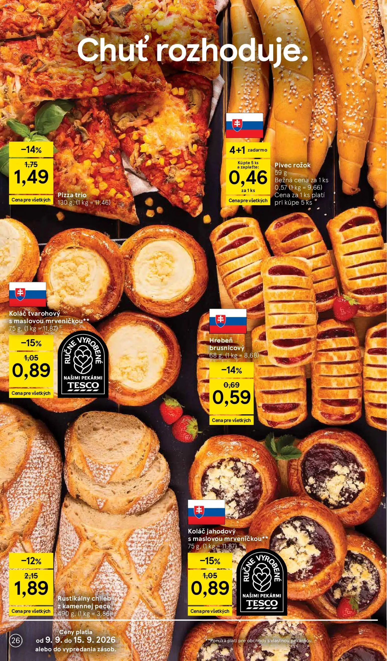 Náhľad Tesco letáku platného od 09.09.2026 - Pizza, Koláč, Chlieb, Hrebeň, Rožok