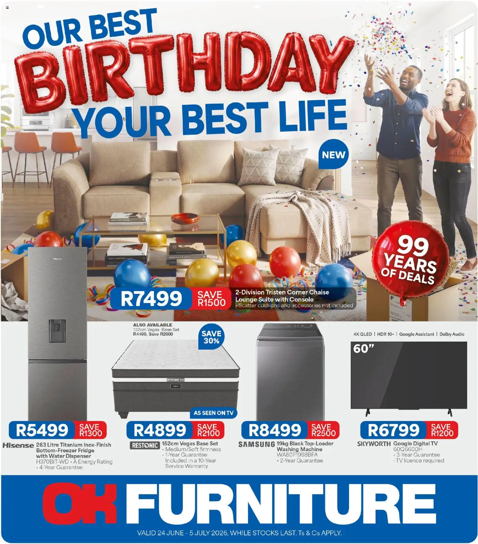 Preview of OK Furniture flyer valid from 24/06/2026 - Water, Washing machine, Fridge, TV, Lounge suite, Audio, Chaise