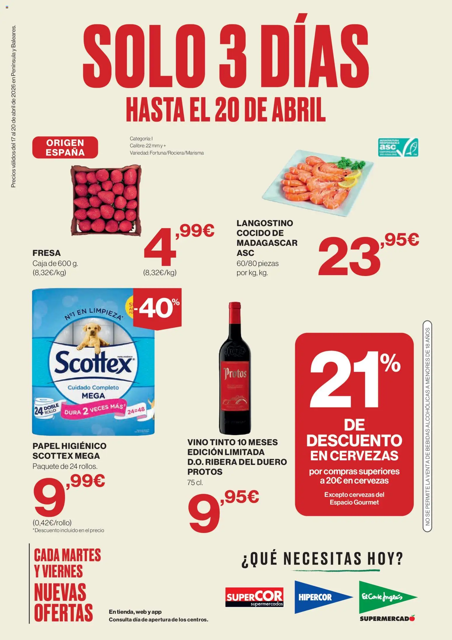 Vista previa del folleto de la tienda Supercor válido desde el 17/04/2026 - Vino, Vino tinto, Caja, Bebidas, Papel higienico, Langostino
