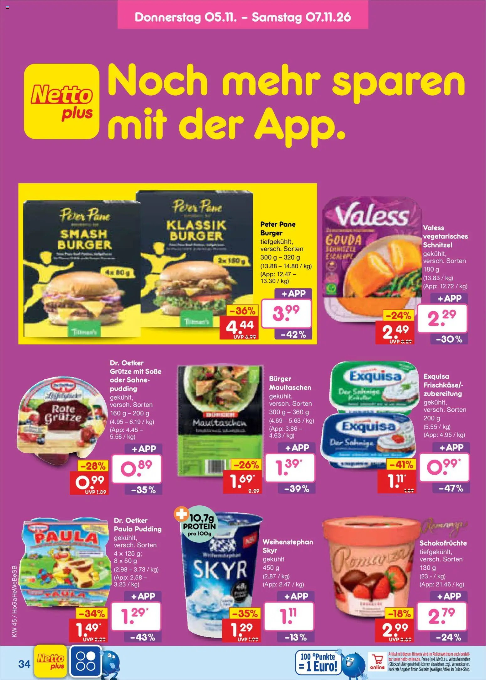 Vorschau von dem Prospekt des Geschäftes Netto Marken-Discount, gültig ab dem 02.11.2026 - Burger, Schnitzel, Skyr, Maultaschen, Pudding, Gouda, Soße, Exquisa