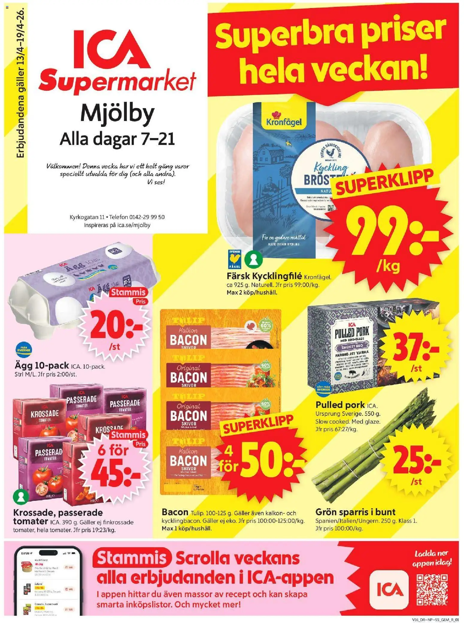 Förhandsgranska reklamblad Mjölby från butik ICA Supermarket gäller från 13/04/2026 - Telefon, Pulled pork, Ägg, Kalkon, Bacon, Galler, Salami, Tomater