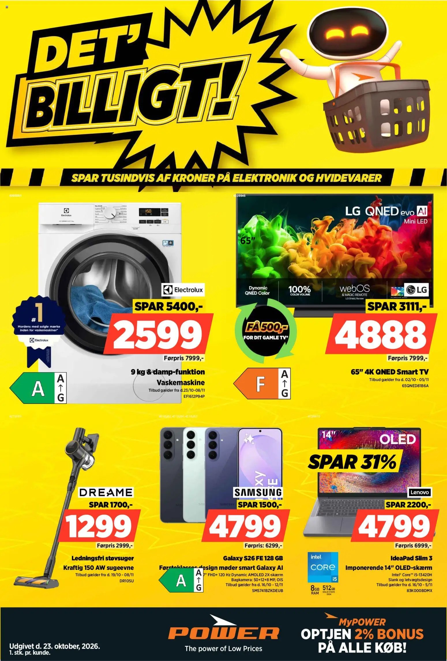 Eksempel på tilbudsavis Power - Tilbudsavis fra butik Power gyldig fra 23/10/2026 - TV, Vaskemaskine, Støvsuger, Smart TV, Disk