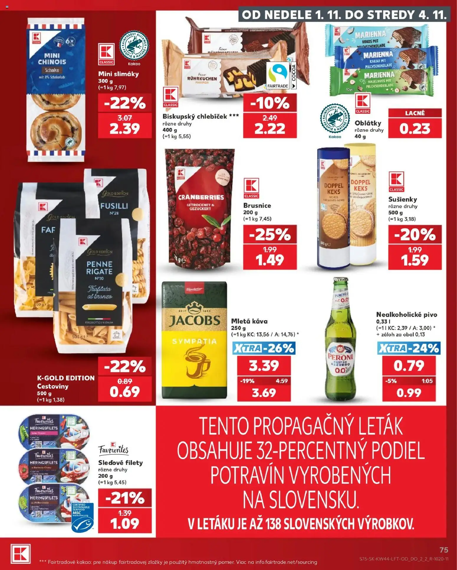 Náhľad Kaufland letáku platného od 29.10.2026 - Káva, Pivo, Cestoviny, Kokos, Brusnice, Kakao, Sušienky, Oblátky