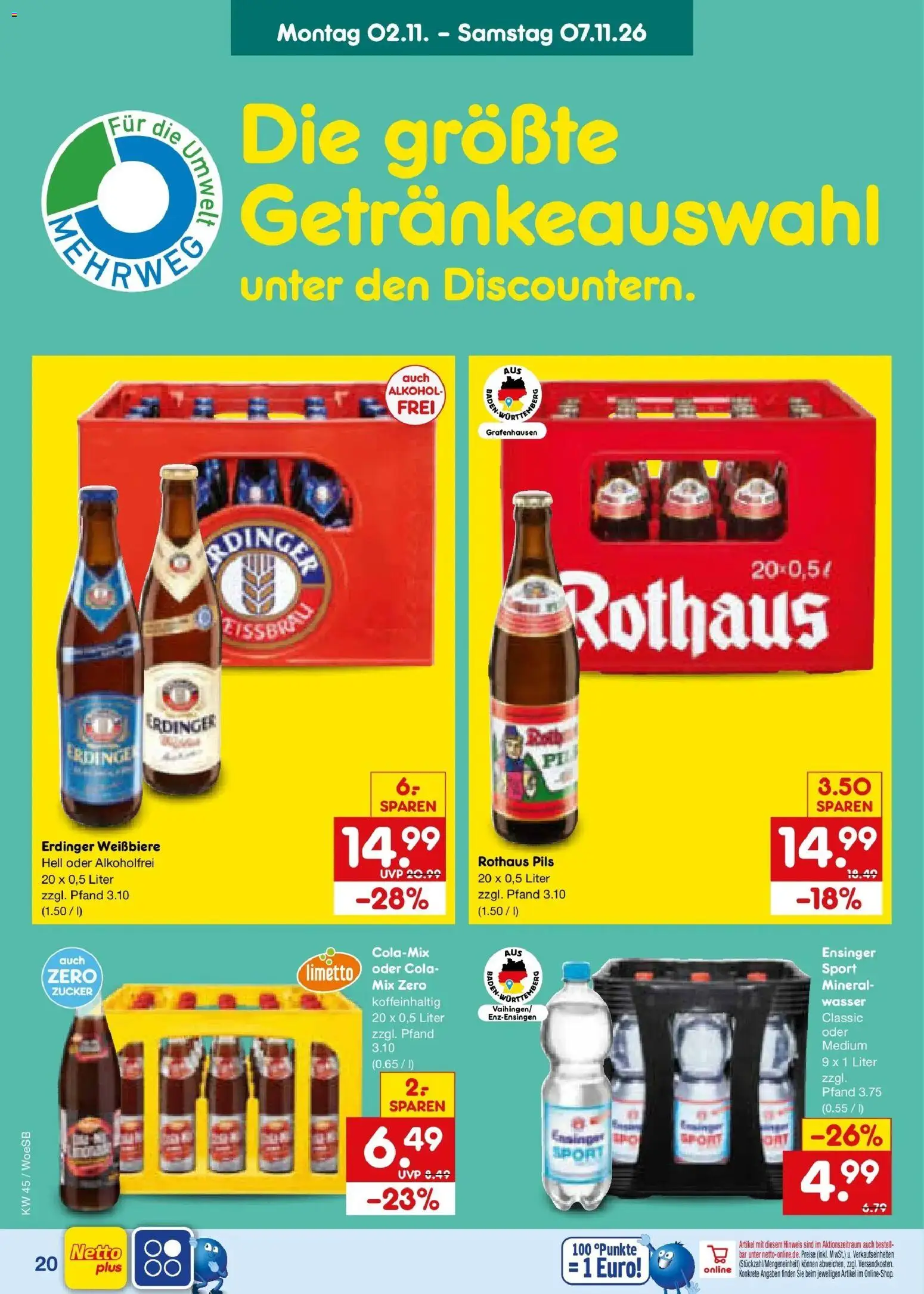 Vorschau von dem Prospekt des Geschäftes Netto Marken-Discount, gültig ab dem 02.11.2026 - Wasser, Cola, Alkohol, Zucker, Erdinger, Pils