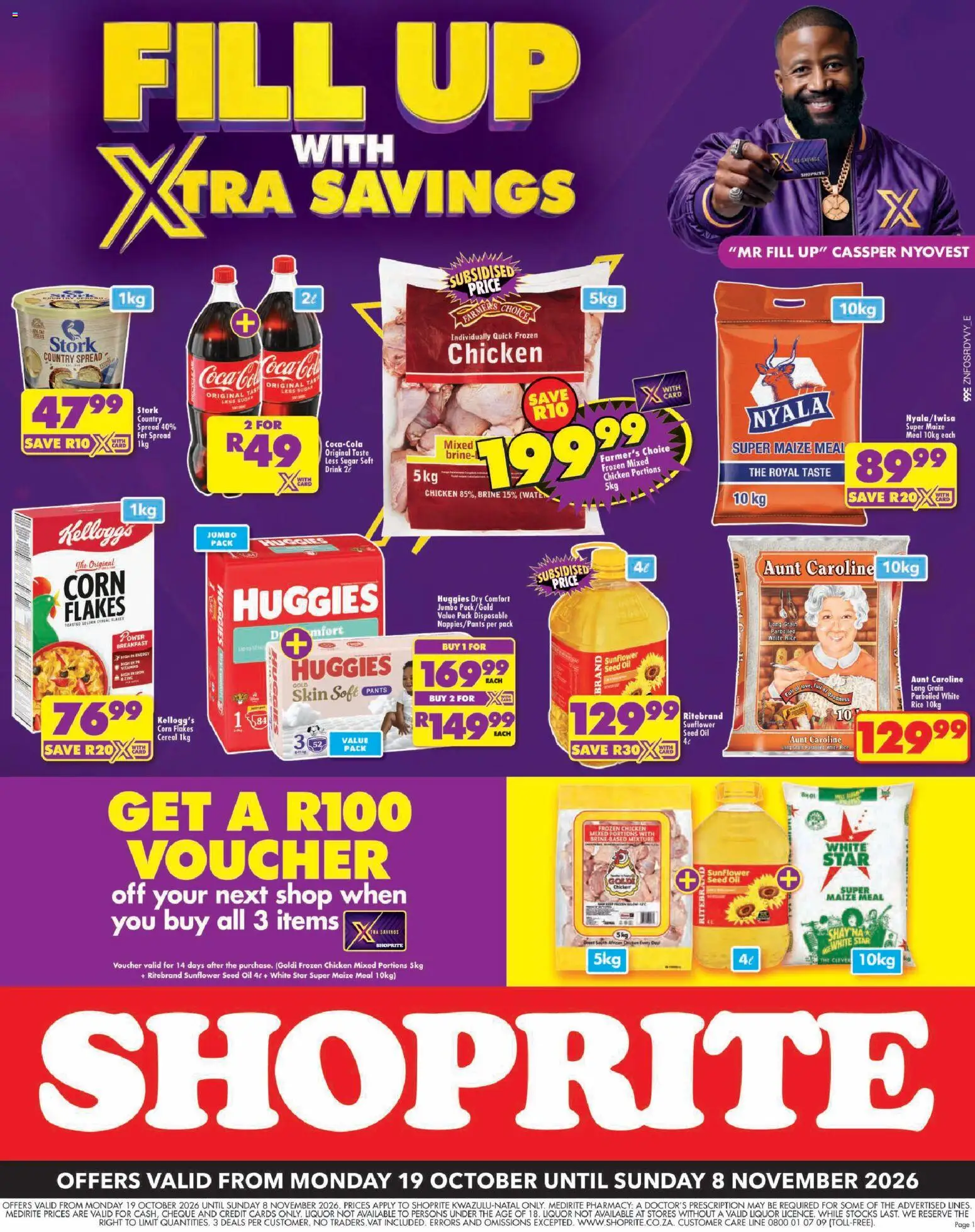 Preview of Shoprite flyer valid from 19/10/2026 - Chicken, Oil, Corn, Maize meal, Pants, Corn flakes, Spread, Fat spread