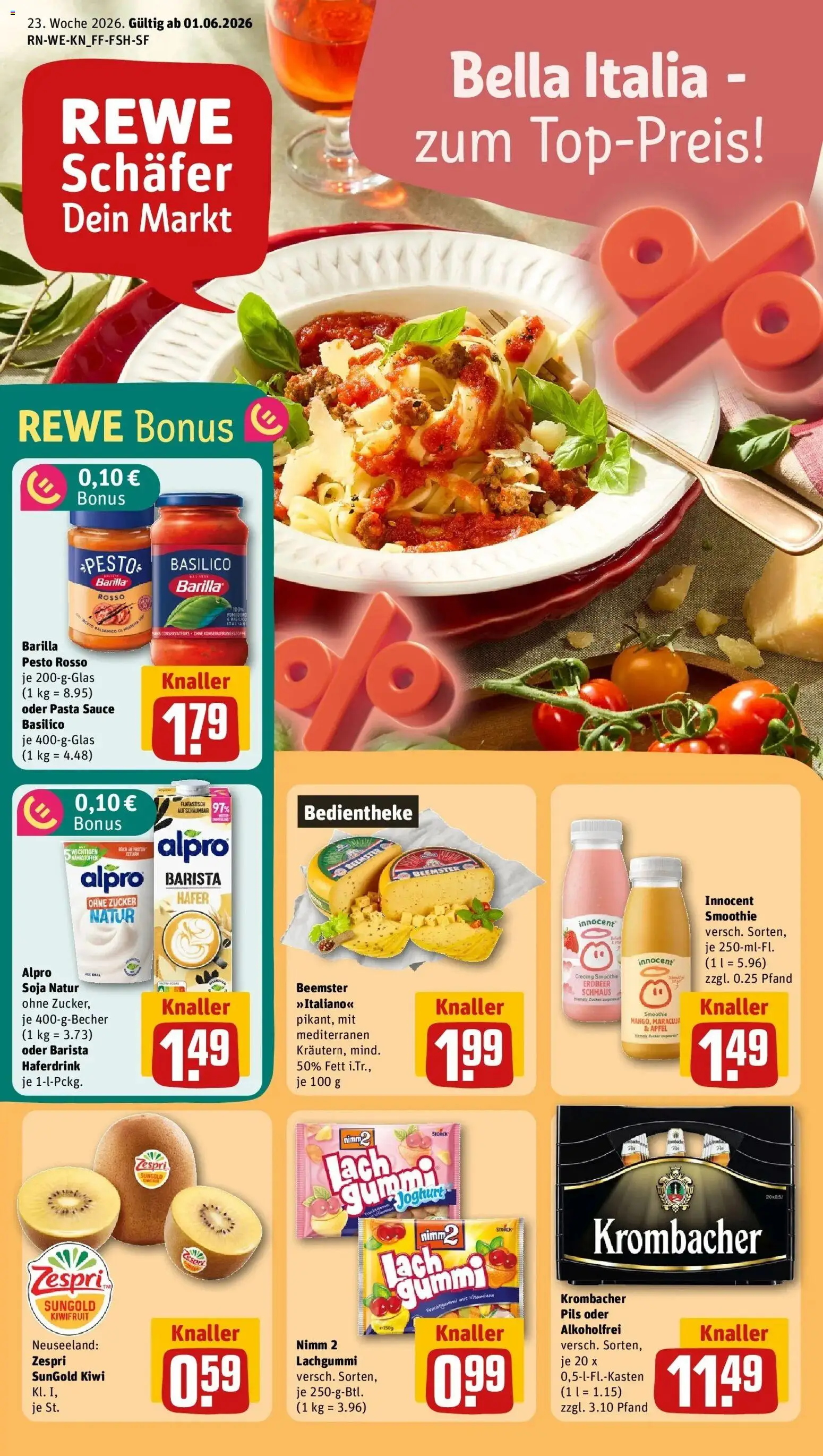 Vorschau von dem Prospekt des Geschäftes Rewe, gültig ab dem 01.06.2026 - Pasta, Äpfel, Krombacher, Zucker, Barilla, Alpro, Pils, Haferdrink