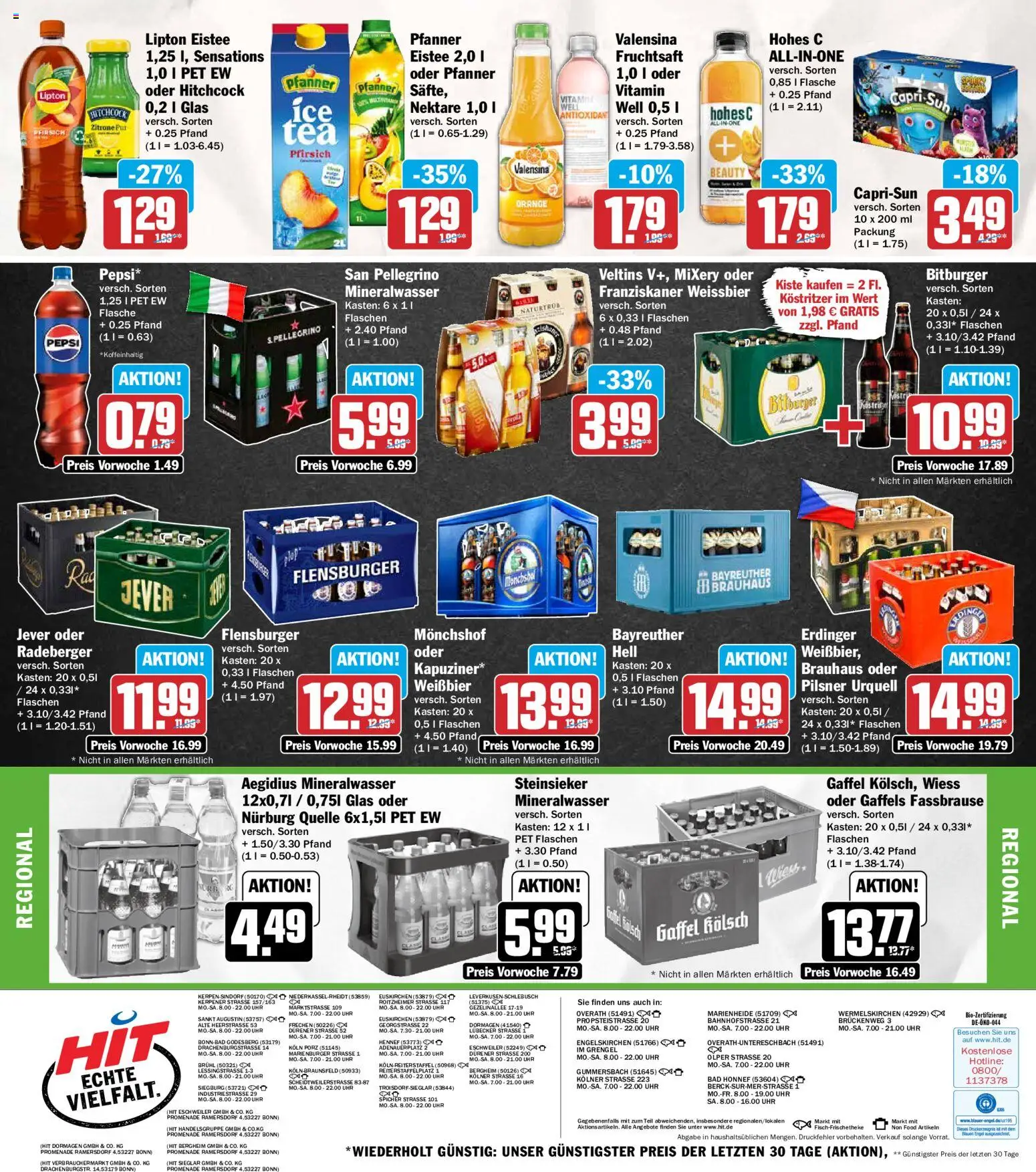 Vorschau von dem Prospekt des Geschäftes HIT, gültig ab dem 19.10.2026 - Bad, Mineralwasser, Pfirsich, Zitrone, Bitburger, Franziskaner, Erdinger, Weißbier