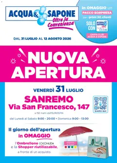 Anteprima dell'opuscolo Acqua e Sapone volantino Apertura Sanremo dal negozio Acqua e Sapone valido da 31/07/2026