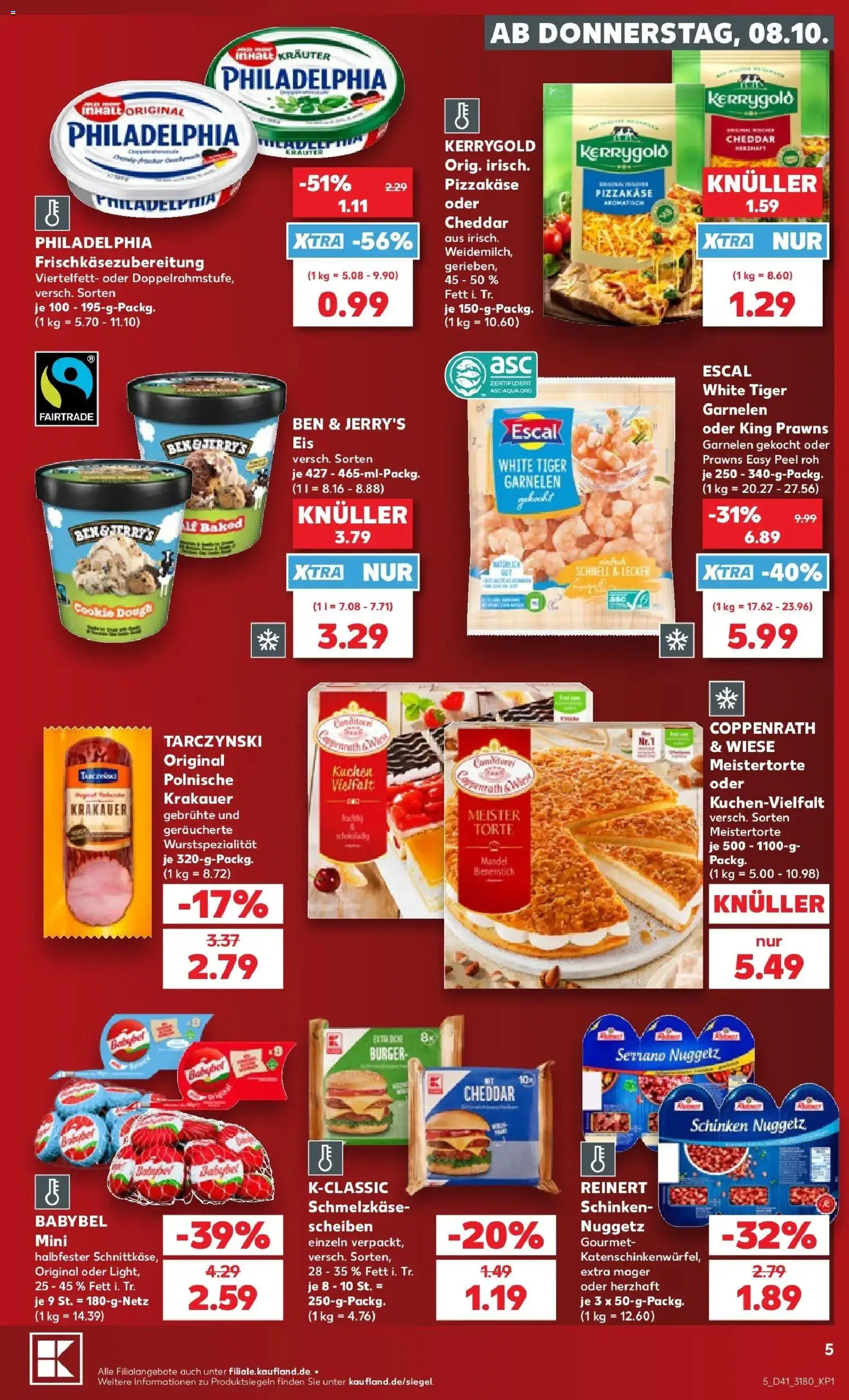 Vorschau von dem Prospekt des Geschäftes Kaufland, gültig ab dem 08.10.2026 - Burger, Philadelphia, Garnelen, Schinken, Ben & Jerry's, Babybel