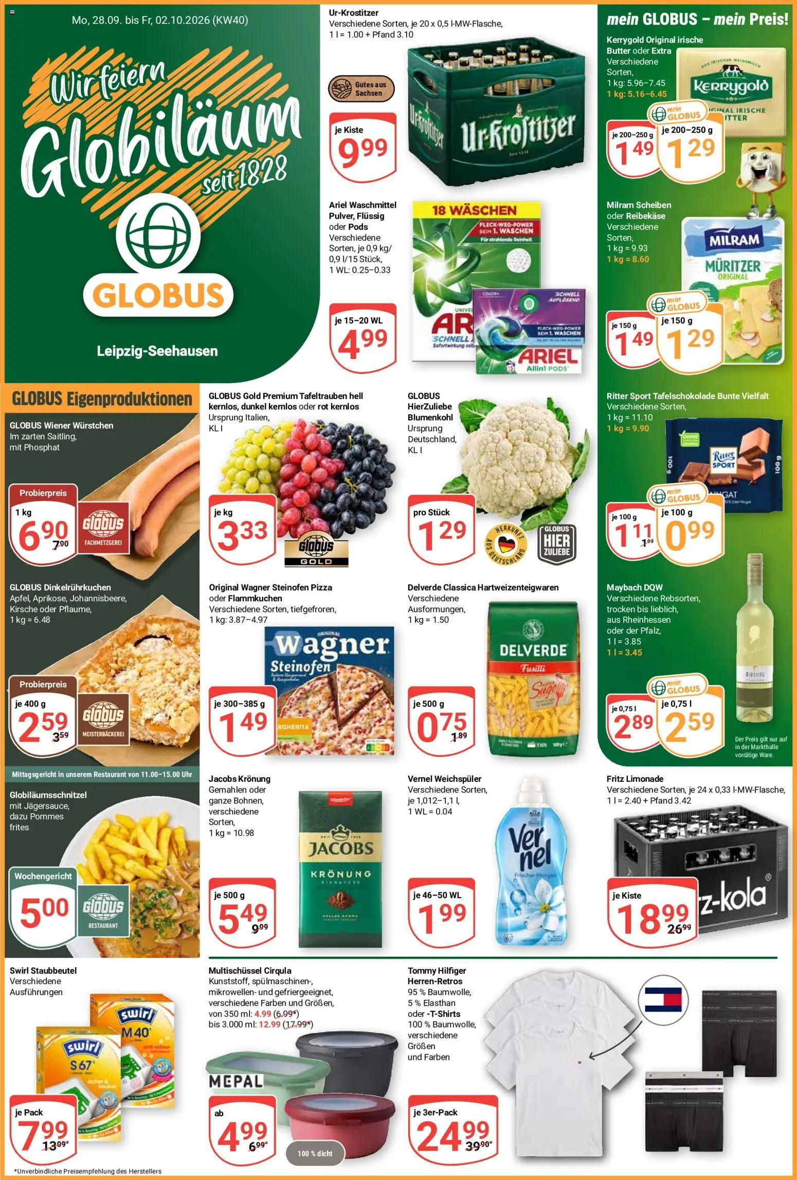 Vorschau von dem Prospekt des Geschäftes Globus, gültig ab dem 28.09.2026 - Uhr, Ritter sport, Ariel, Waschmittel, Weichspüler, Limonade, Milram, Vernel