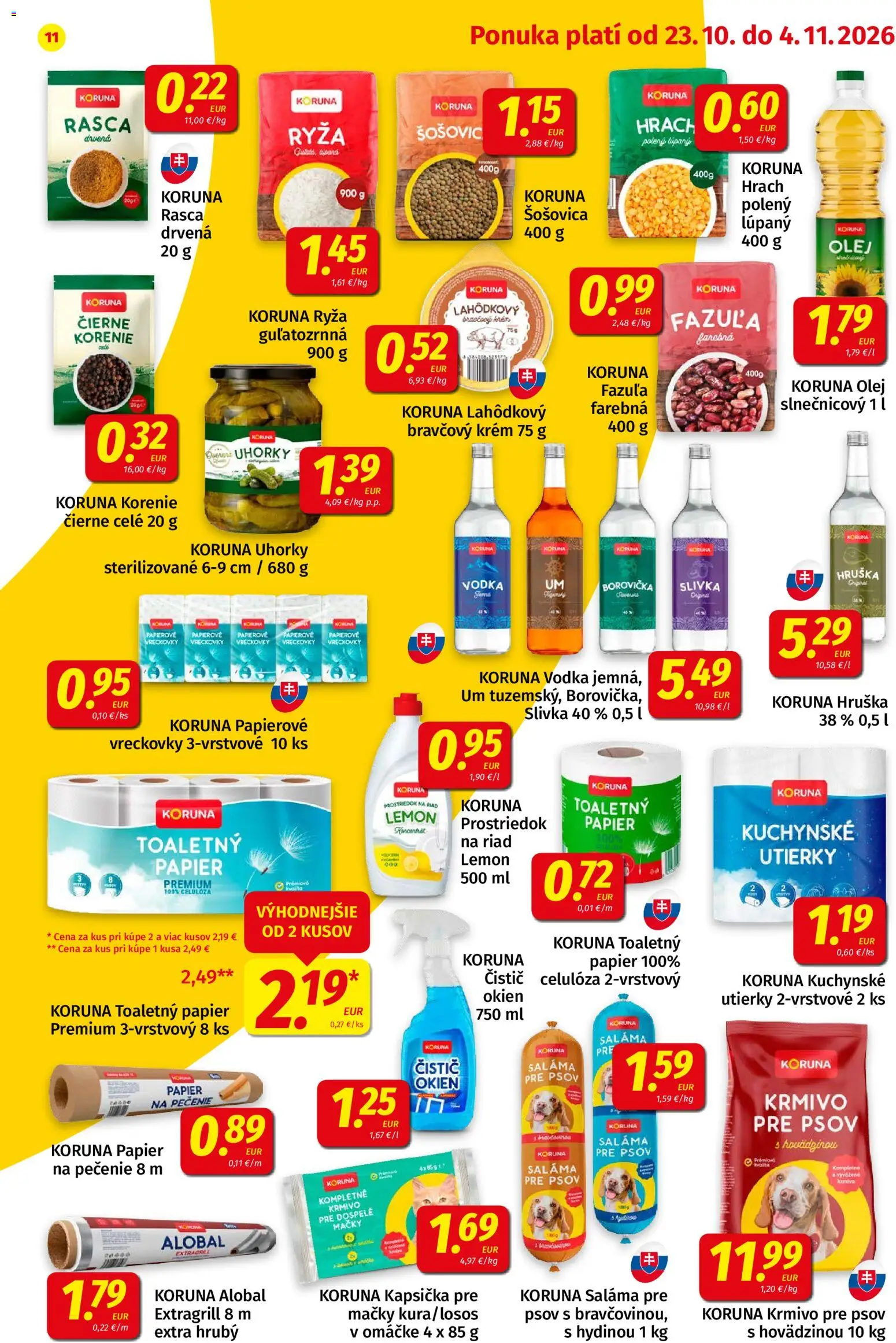 Náhľad Koruna letáku platného od 23.10.2026 - Vodka, Borovička, Olej, Toaletný papier, Ryža, Uhorky, Krém, Utierky