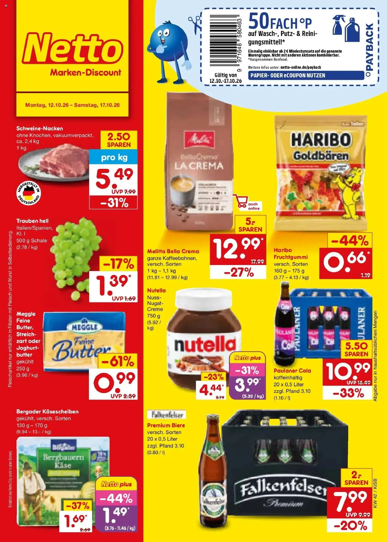 Vorschau von dem Prospekt des Geschäftes Netto Marken-Discount, gültig ab dem 12.10.2026 - Butter, Wurst, Cola, Joghurt, Fleisch, Paulaner, Trauben, Melitta