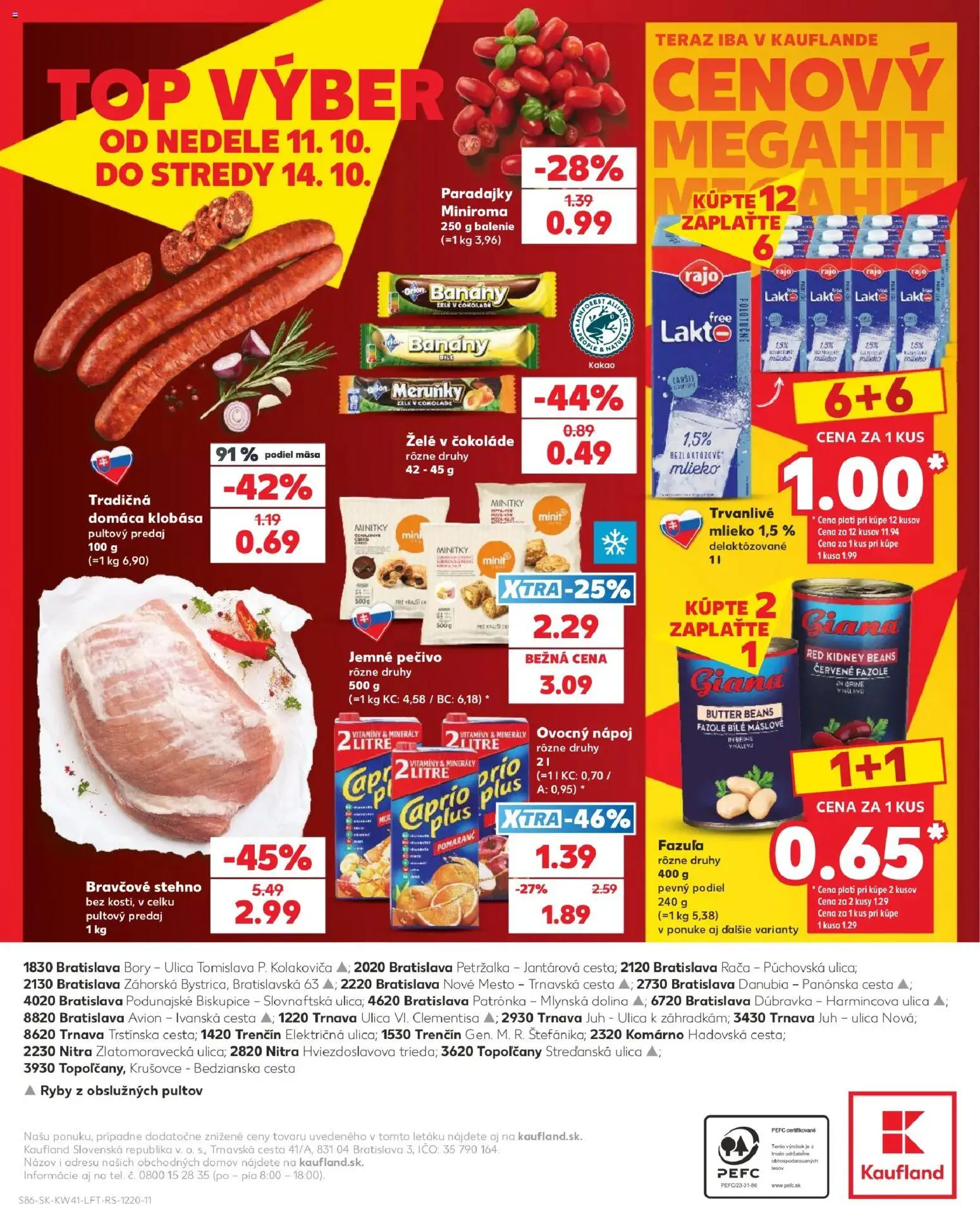 Náhľad Kaufland letáku platného od 08.10.2026 - Ryby, Mlieko, Paradajky, Kakao, Klobása, Fazuľa, Bravčové stehno, Banány