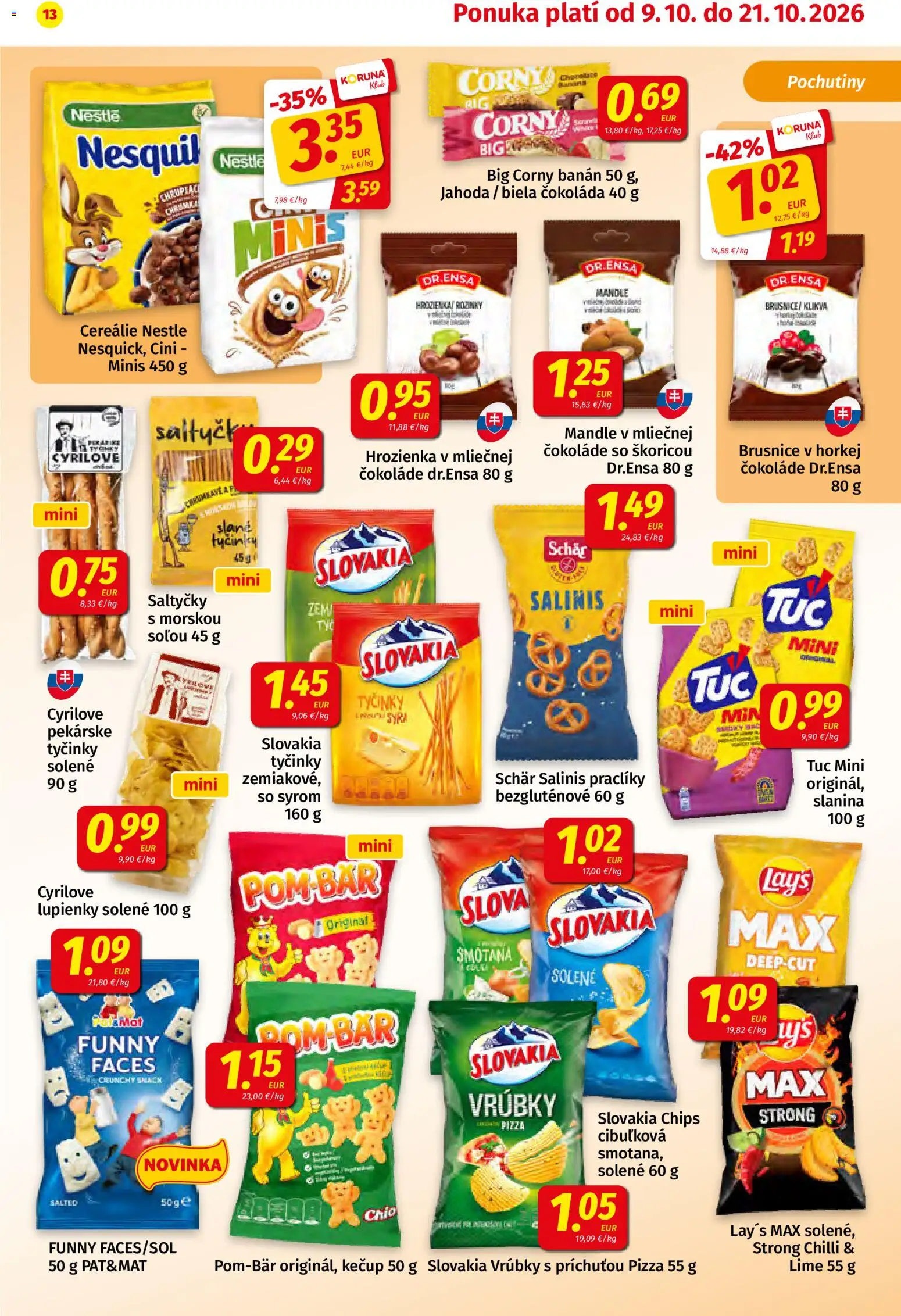 Náhľad Koruna letáku platného od 09.10.2026 - Pizza, Chilli, Slanina, Biela čokoláda, Smotana, Cini Minis, Hrozienka, Cereálie