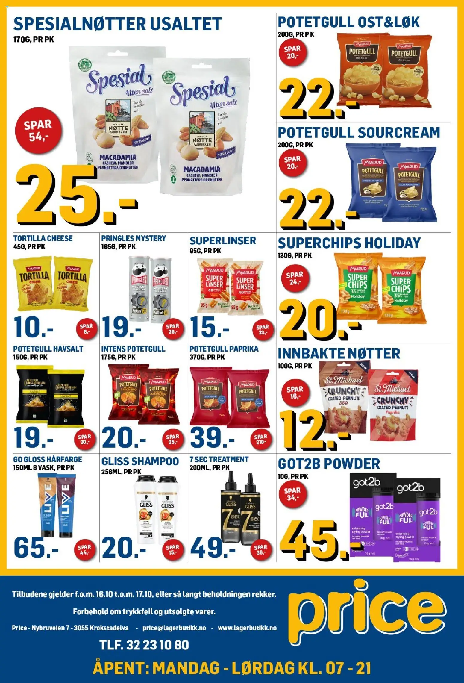 Forhåndsvis Price Lagerbutikk kundeavis mandag fra butikk Price Lagerbutikk gyldig fra 16/10/2026 - Havsalt, Ost, Chips, Paprika, Linser, Potetgull, Tortilla, Hårfarge
