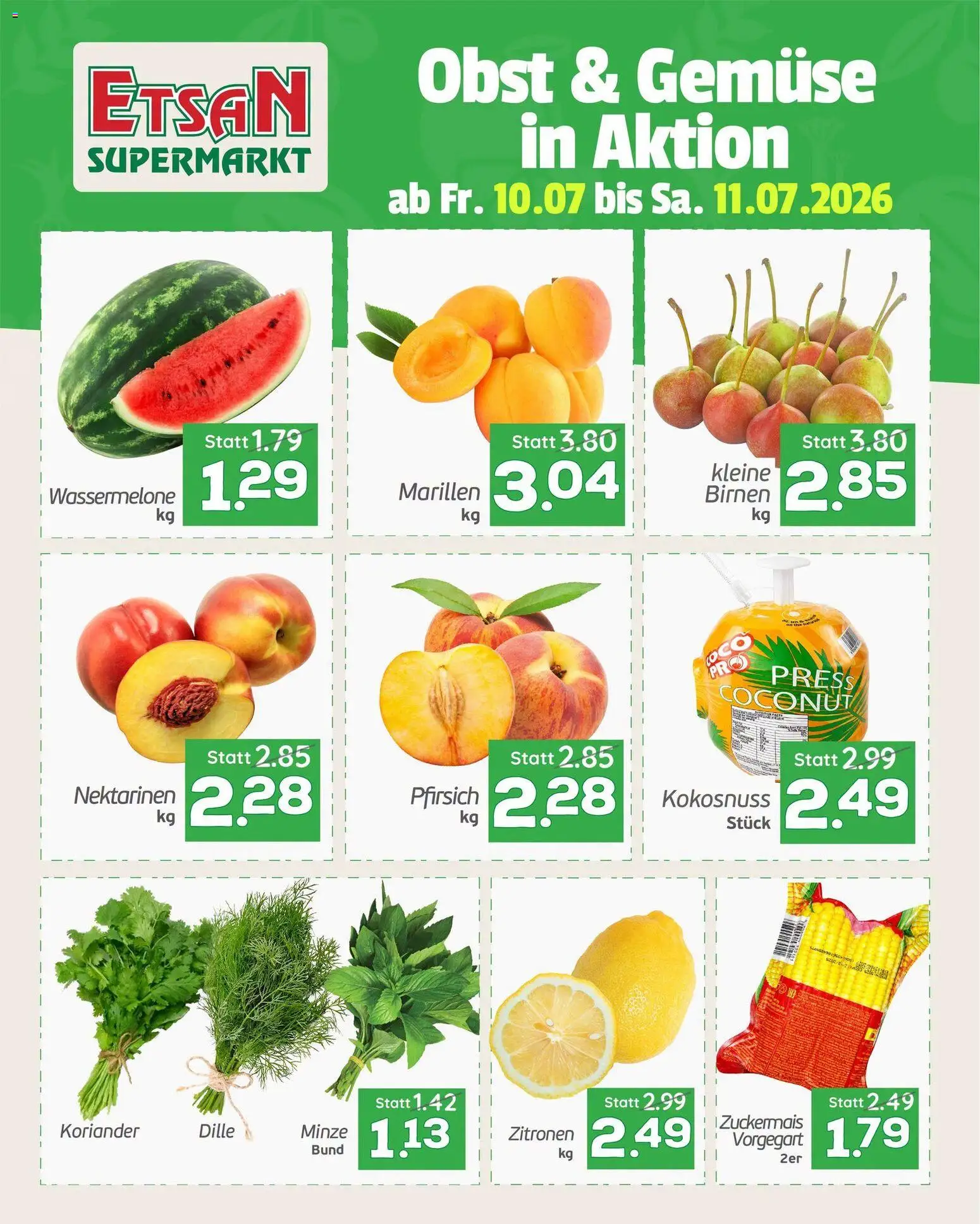 Vorschau der Angebote: ETSAN ETSAN Obst & Gemüse gültig ab 10.07.2026 - Gemüse, Obst, Pfirsich, Wassermelone