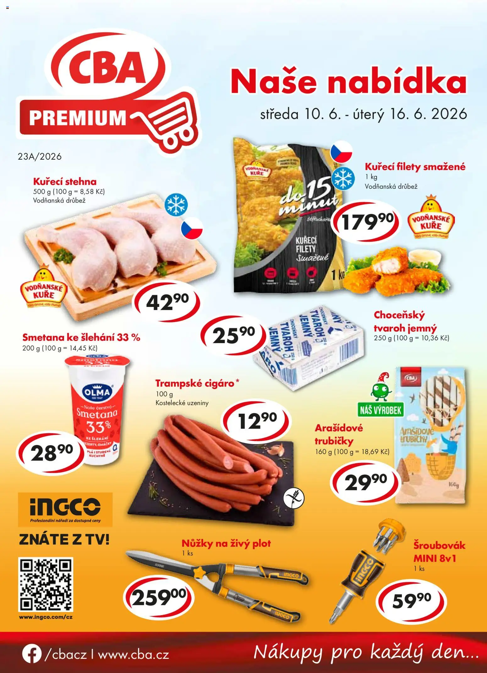 Náhled nabídky: CBA CBA leták - Premium platný od 10.06.2026 - Tvaroh, Smetana, Kuře, Smetana ke šlehání, Kuřecí stehna, Trubičky, Uzeniny, Drůbež