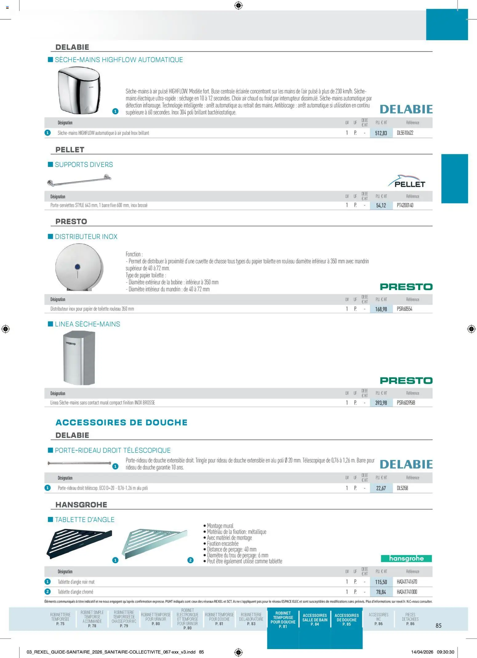 Prévisualisation de Rexel - Brochure Sanitaire du magasin Rexel formulaire valide 20/04/2026 - Distributeur, Tablette, Douche, Rideau de douche, Robinet, Papier toilette, Brosse, Rouleau