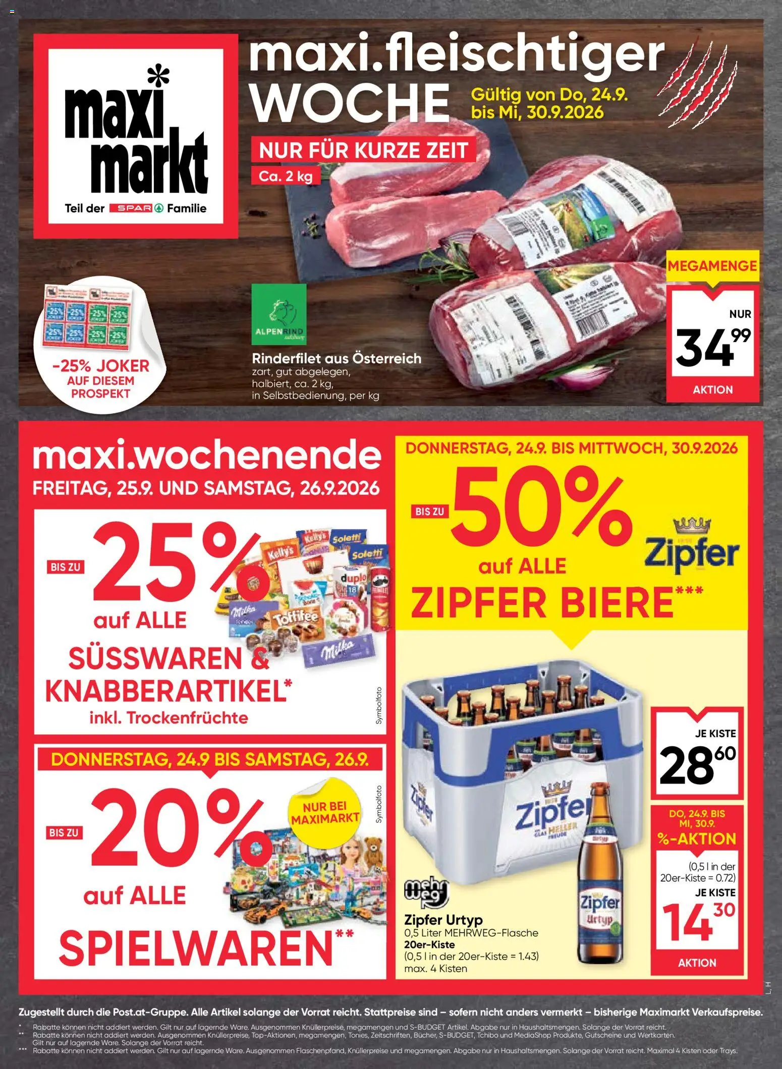 Vorschau der Angebote: Maximarkt Maximarkt Flugblatt gültig ab 24.09.2026 - Rinderfilet, Süßwaren, Trockenfrüchte