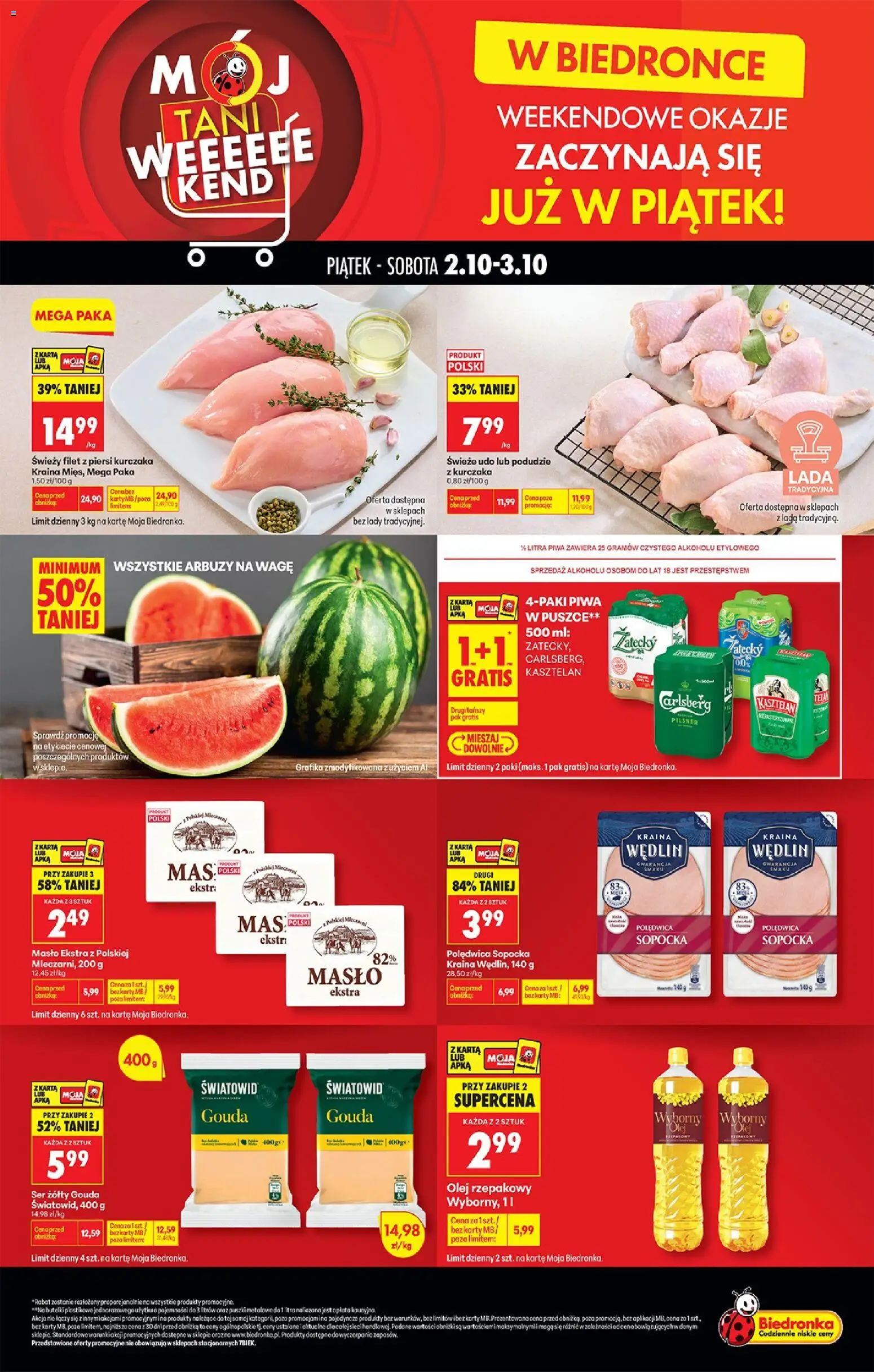 Náhled nabídky: Biedronka Polsko Biedronka Polsko leták - Tani weekend platný od 02.10.2026 - Máslo, Olej, Karty, Pilsner, Gouda, Filet