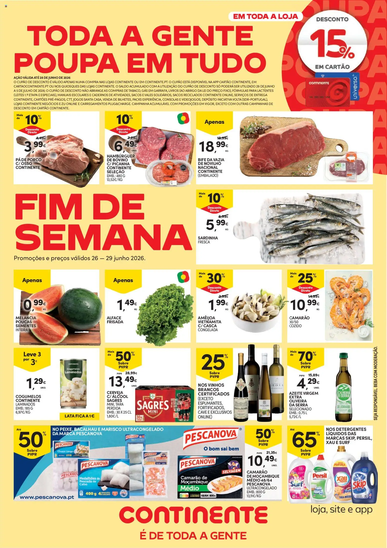 Pré-visualização do folheto da loja Continente válida a partir de 26/06/2026 - Bacalhau, Azeite, Cerveja, Camarão, Álcool, Cogumelos, Melancia, Cabo